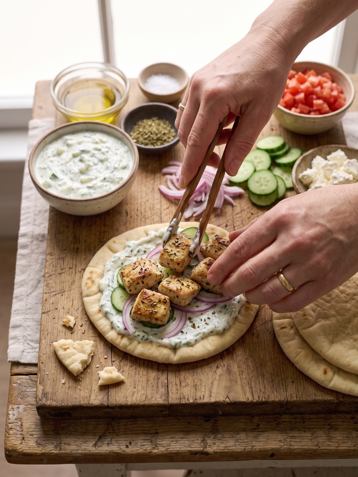 Step-by-step assembly of Mediterranean Greek Chicken Flatbreads with chicken, tzatziki, and fresh toppings on pita bread.
