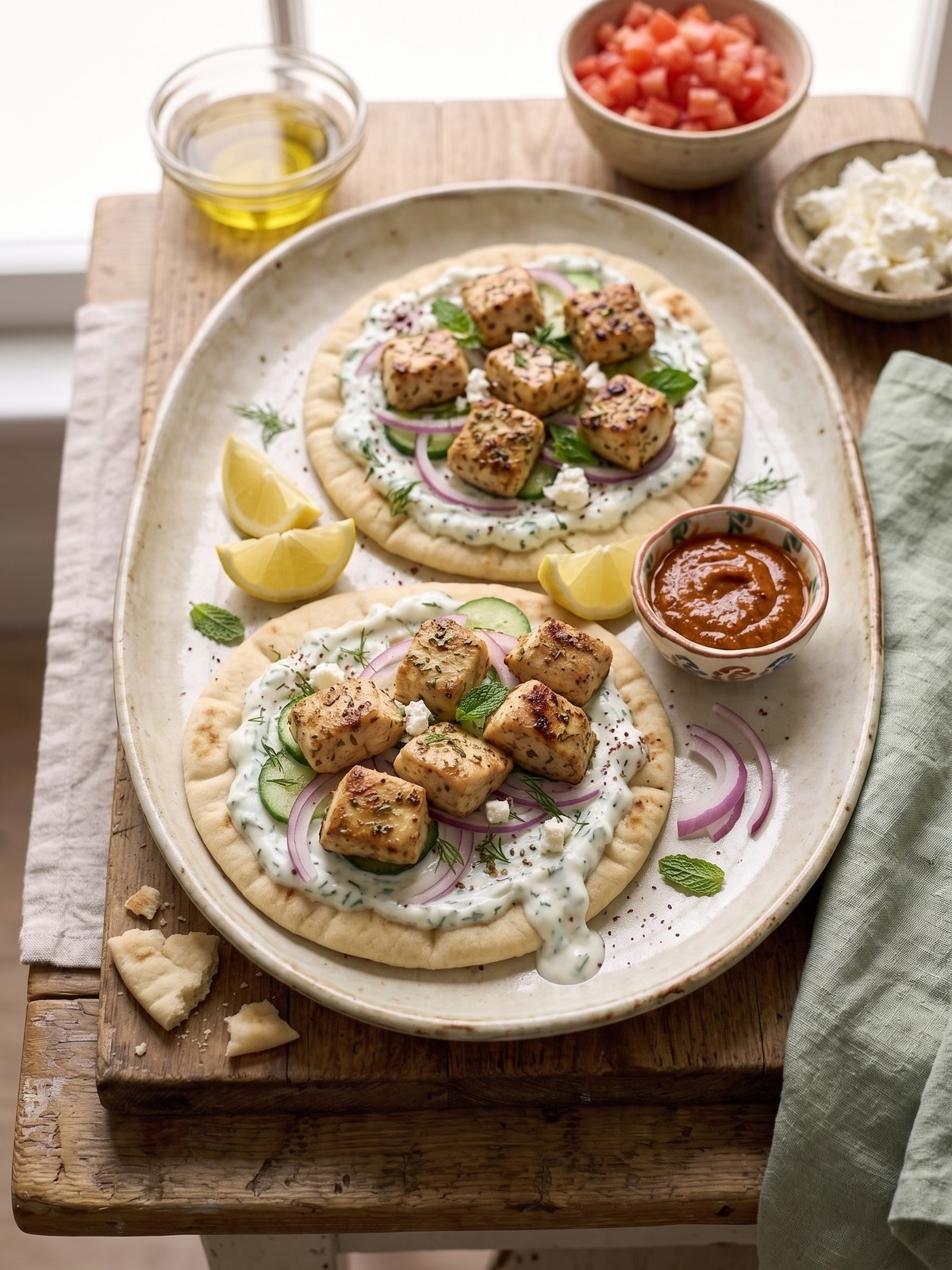 Variation of Mediterranean Greek Chicken Flatbreads with added olives, peppers, and a drizzle of olive oil.