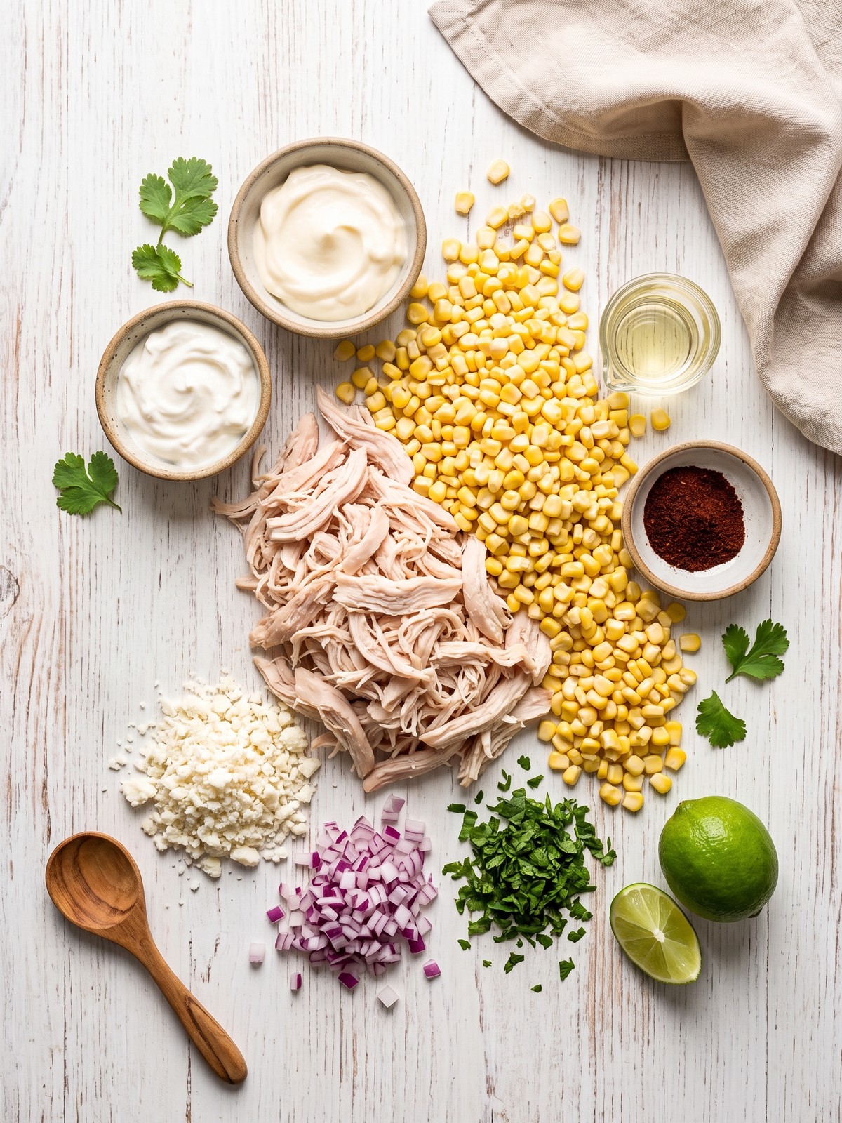 Mexican Street Corn Chicken Salad ingredients with shredded chicken, corn, cotija, cilantro, red onion, and lime