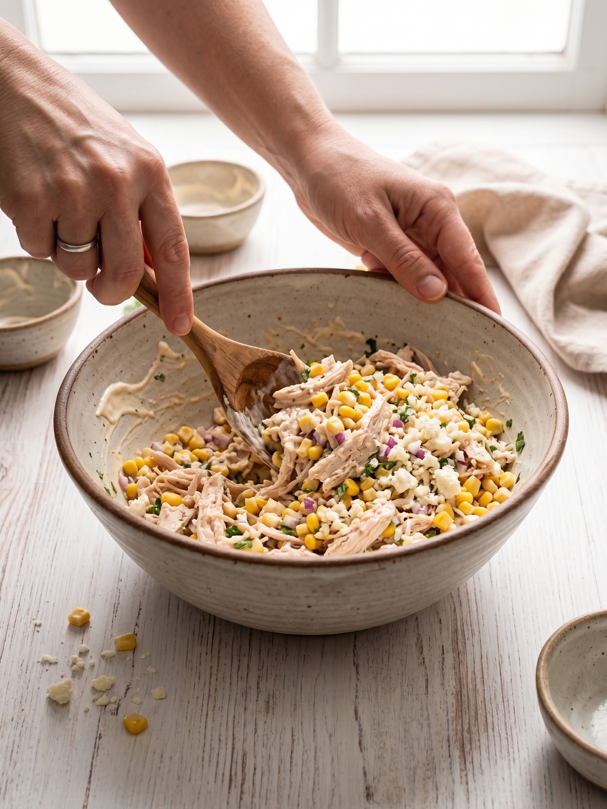 Creamy Mexican Street Corn Chicken Salad being mixed with charred corn, shredded chicken, cotija, and cilantro