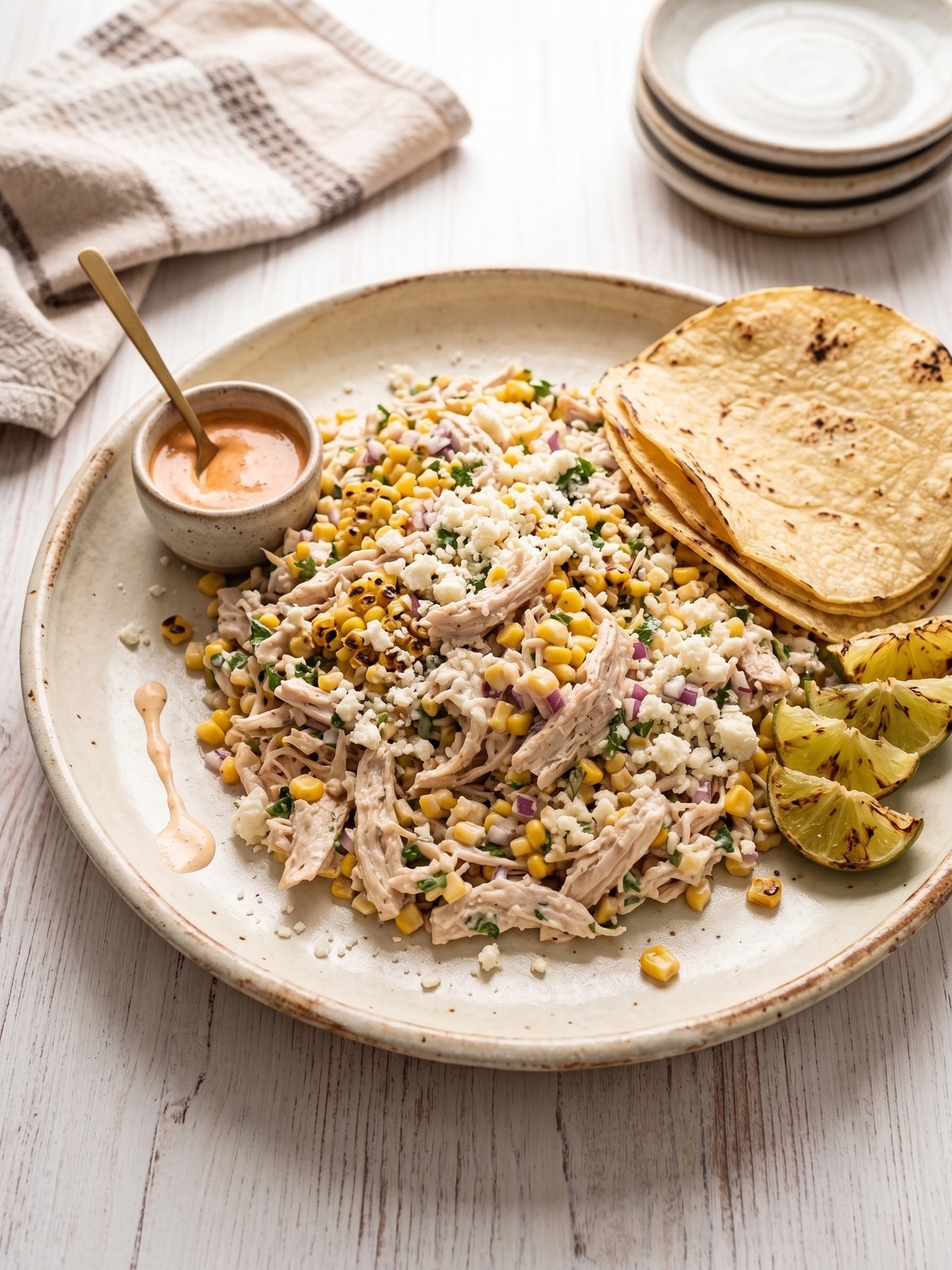Mexican Street Corn Chicken Salad served in a bowl with cotija, cilantro, lime, and ancho chili powder