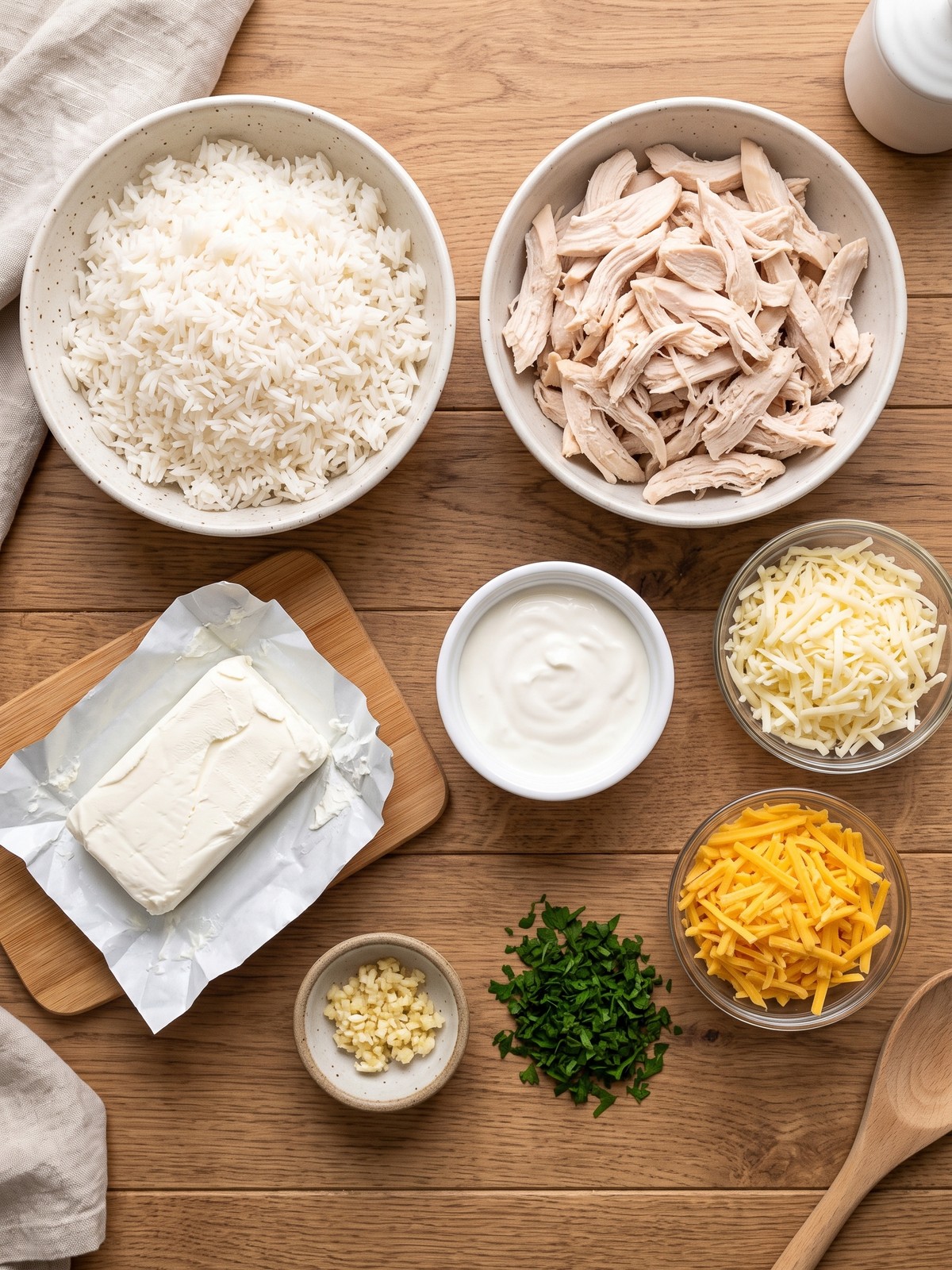 Million Dollar Chicken and Rice ingredients arranged for casserole assembly