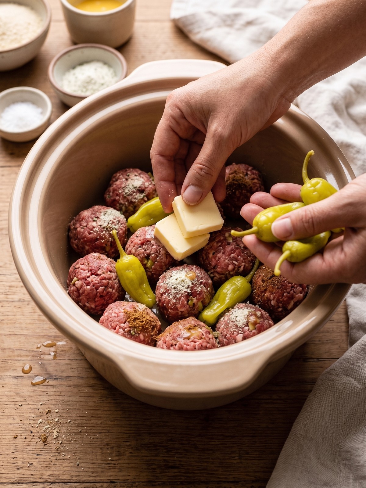 Browned Mississippi Meatballs in a slow cooker with melted butter and pepperoncini peppers.