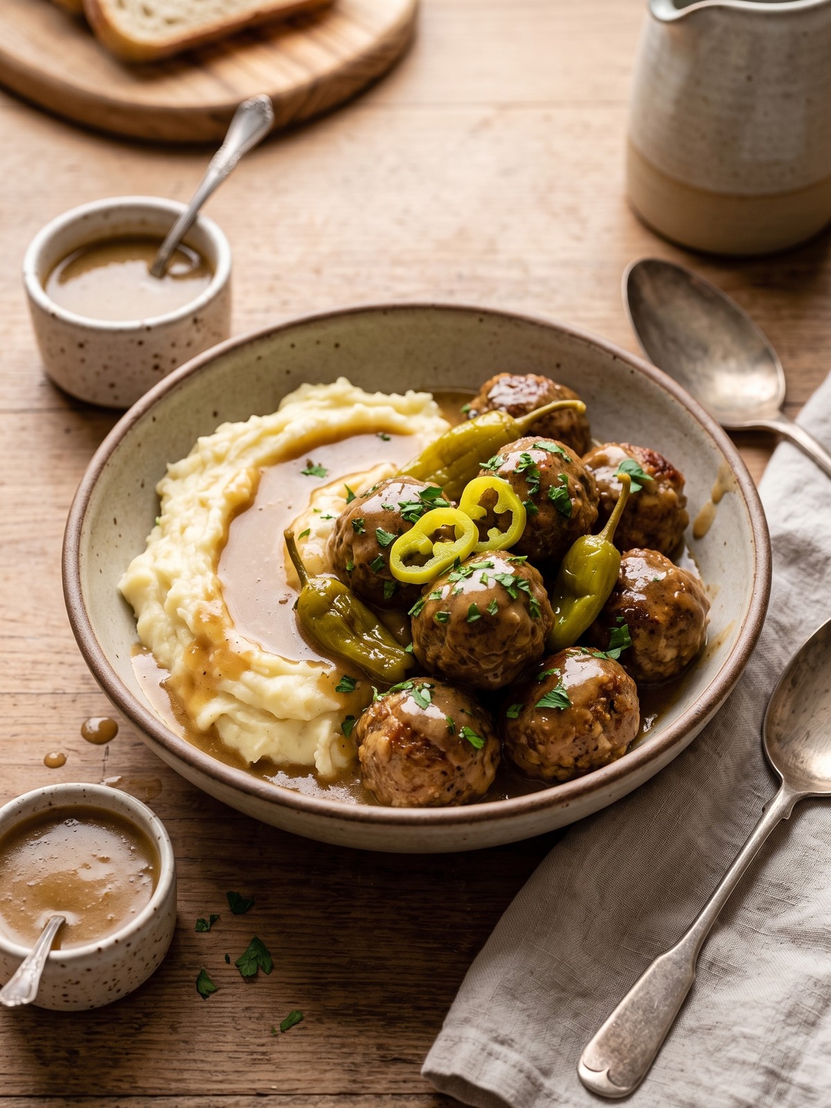 Mississippi Meatballs served over creamy mashed potatoes with extra pepperoncini peppers.