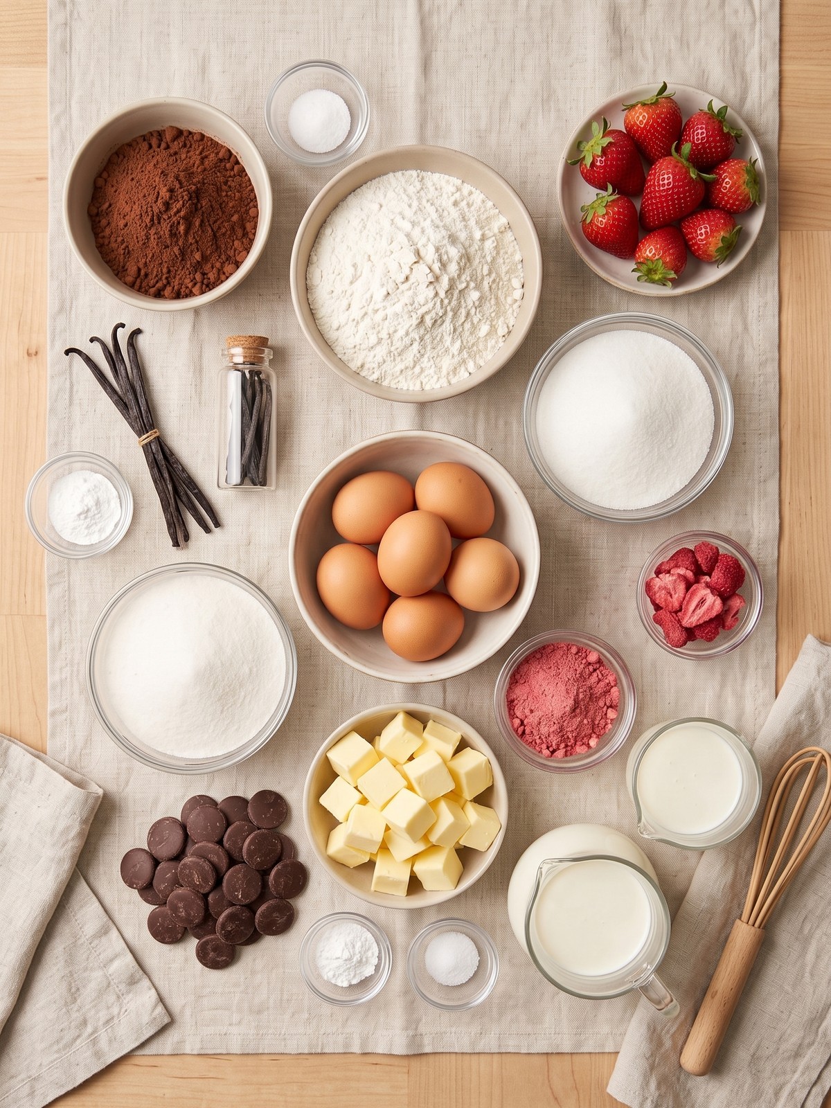 Neapolitan Layer Cake ingredients arranged on a counter with cake flour, butter, eggs, cocoa, and freeze-dried strawberries.