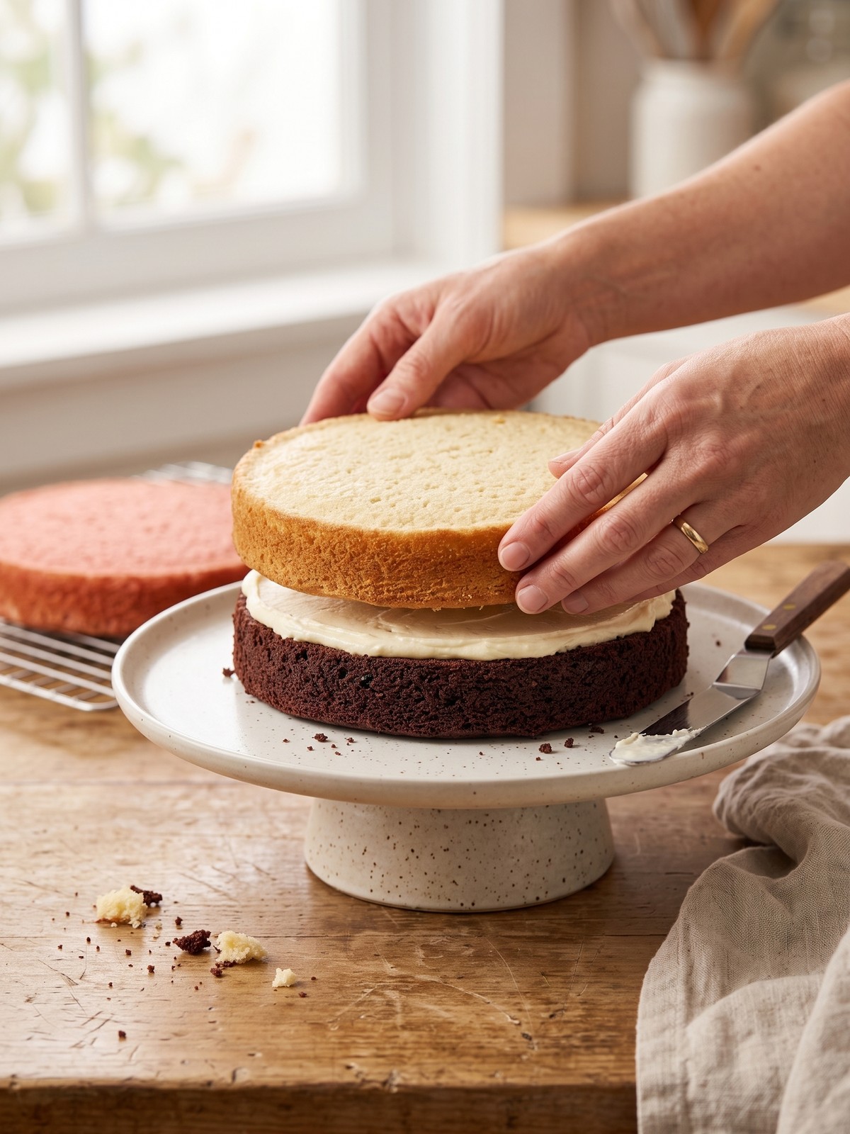 Assembling Neapolitan Layer Cake with strawberry buttercream between vanilla and chocolate layers.