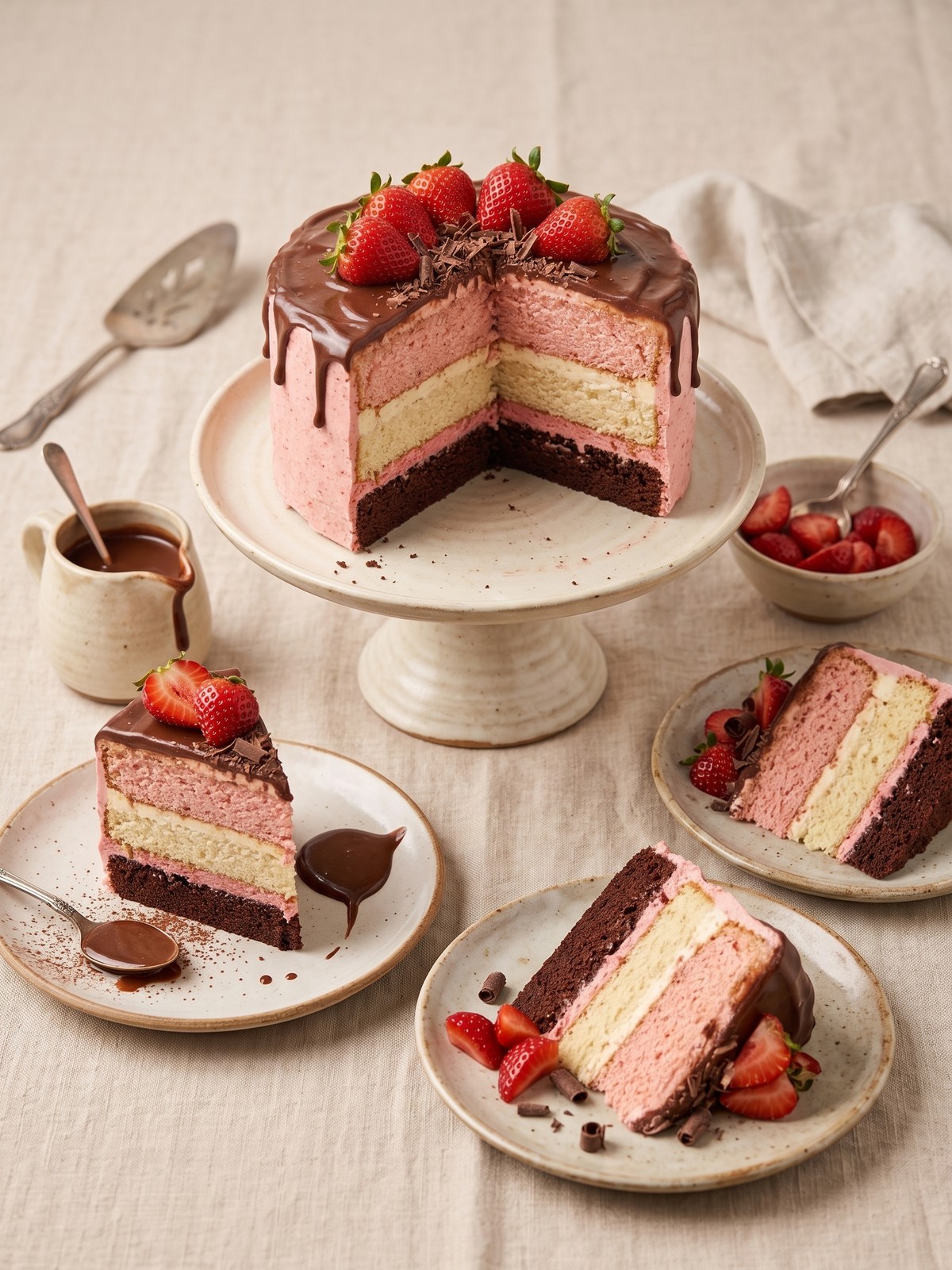 A slice of Neapolitan Layer Cake showing vanilla, chocolate, and strawberry layers with pink buttercream.