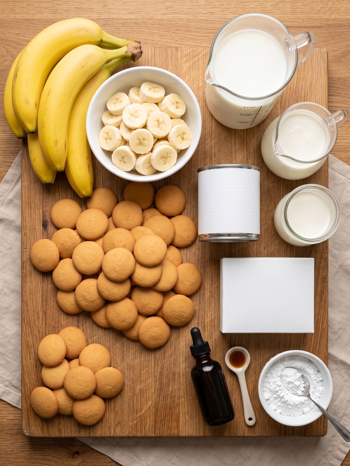 Vanilla wafers, sliced bananas, pudding ingredients, and whipped cream prepared for No-Bake Banana Pudding
