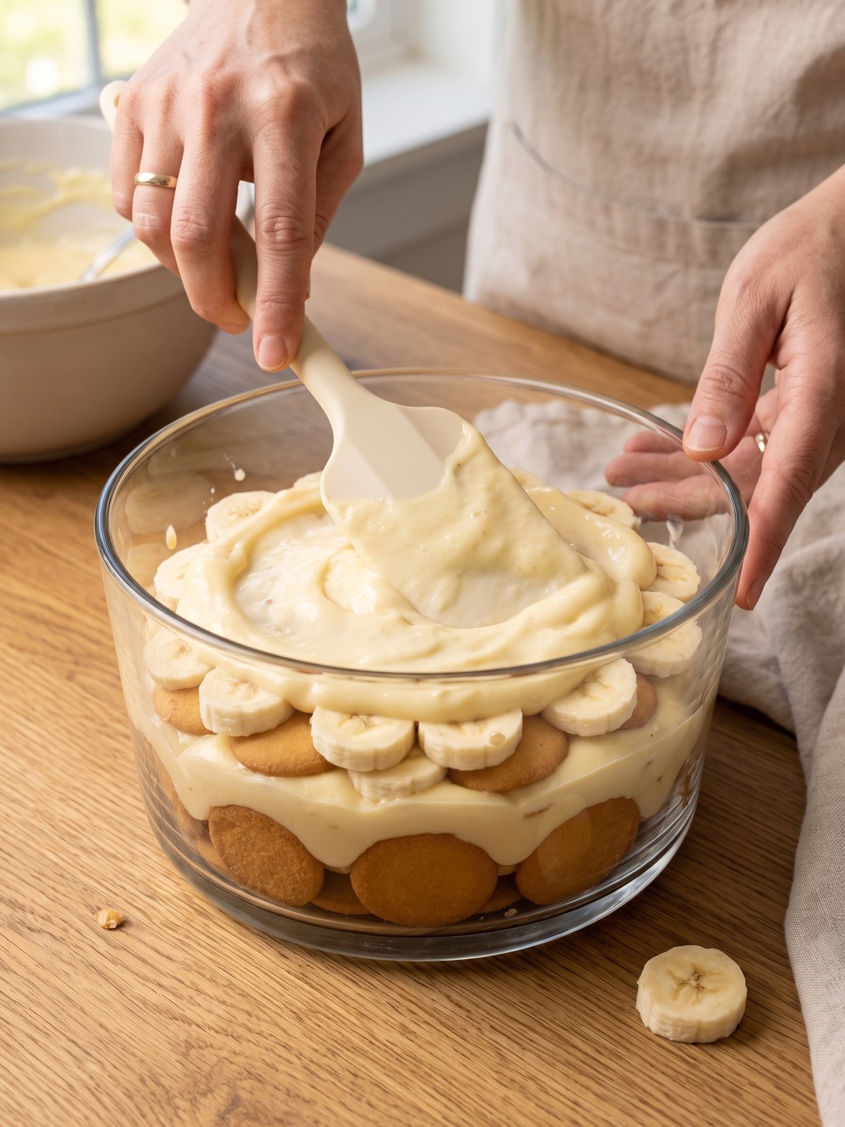 No-Bake Banana Pudding layered with vanilla wafers, banana slices, creamy filling, and whipped cream