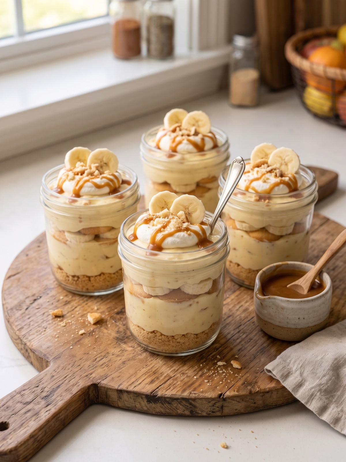 Individual No-Bake Banana Pudding cups and a layered serving dish with wafer and banana garnishes