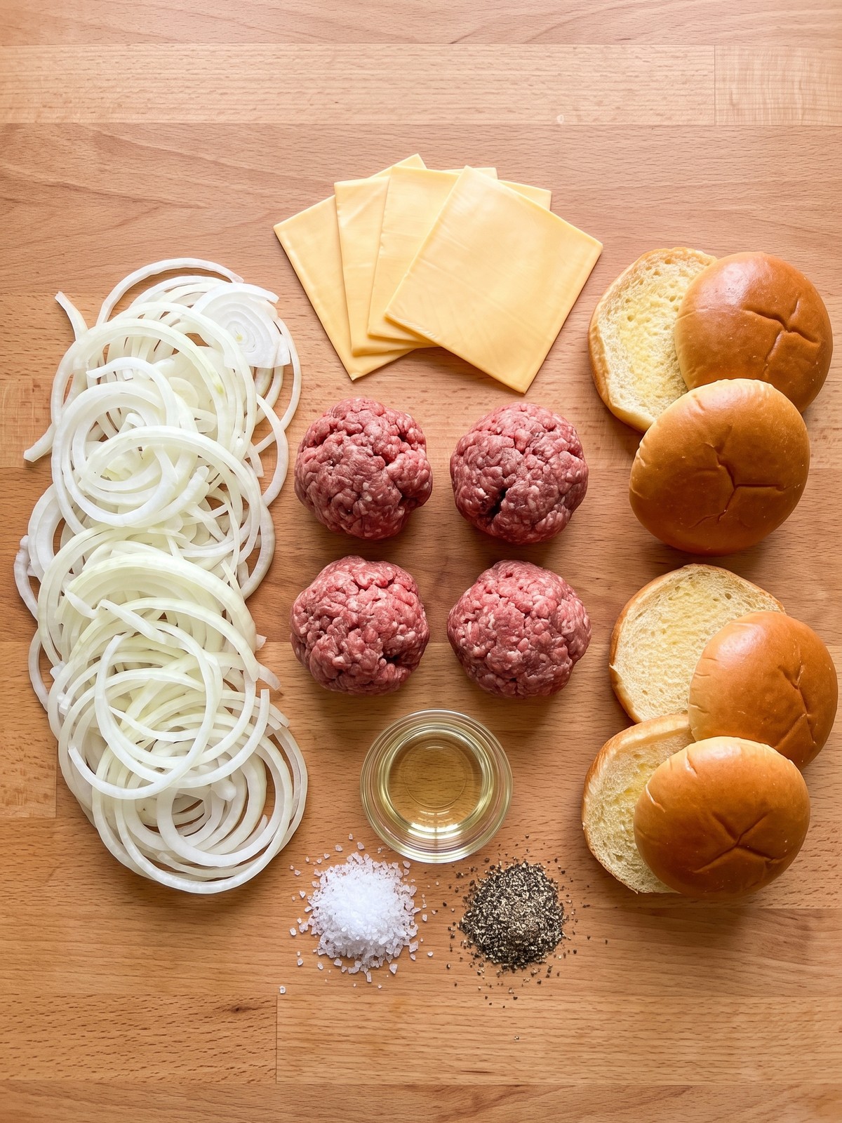 Oklahoma Onion Smash Burger ingredients on a wooden board