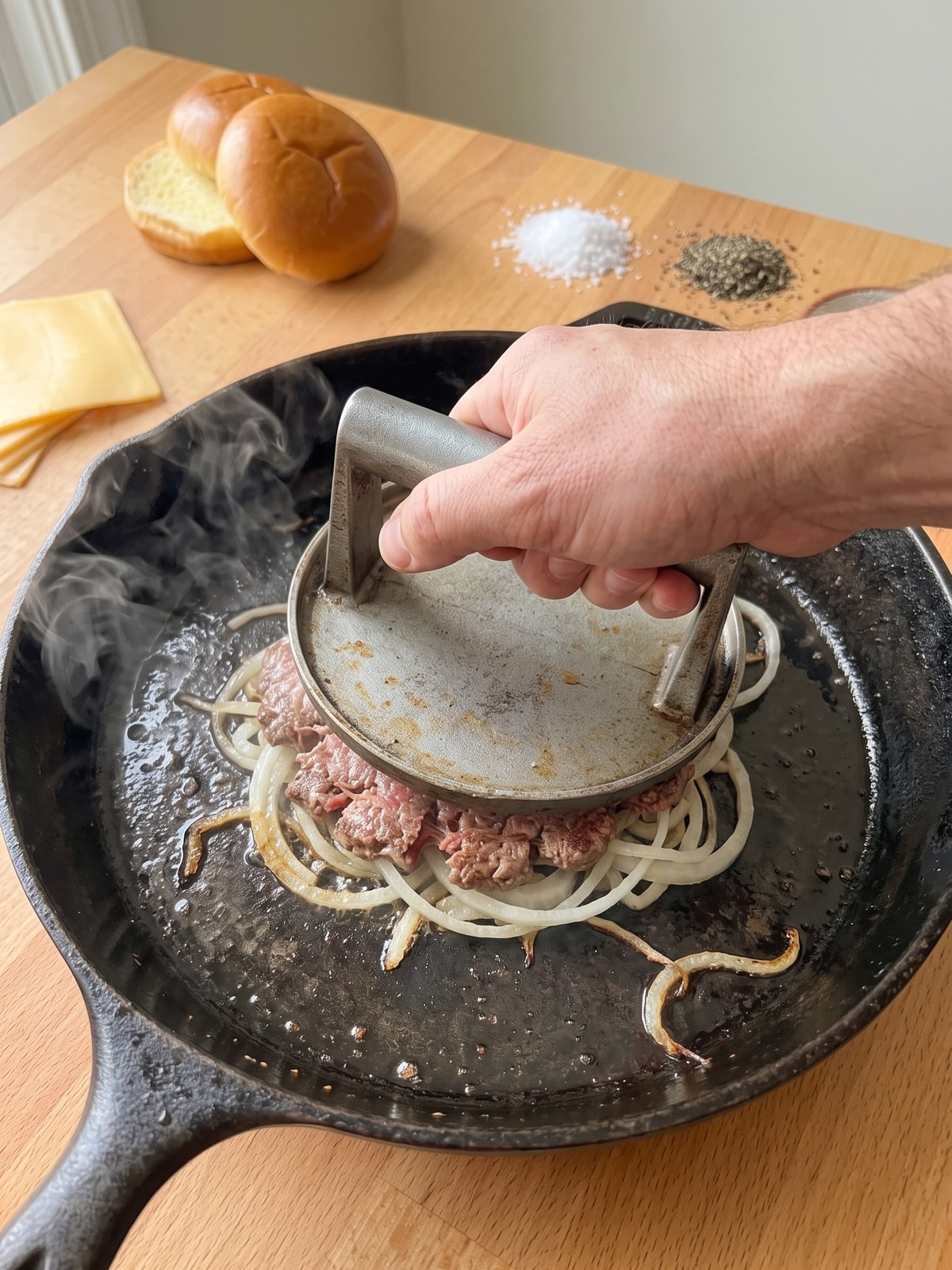 Smashing an Oklahoma Onion Smash Burger patty on a hot griddle