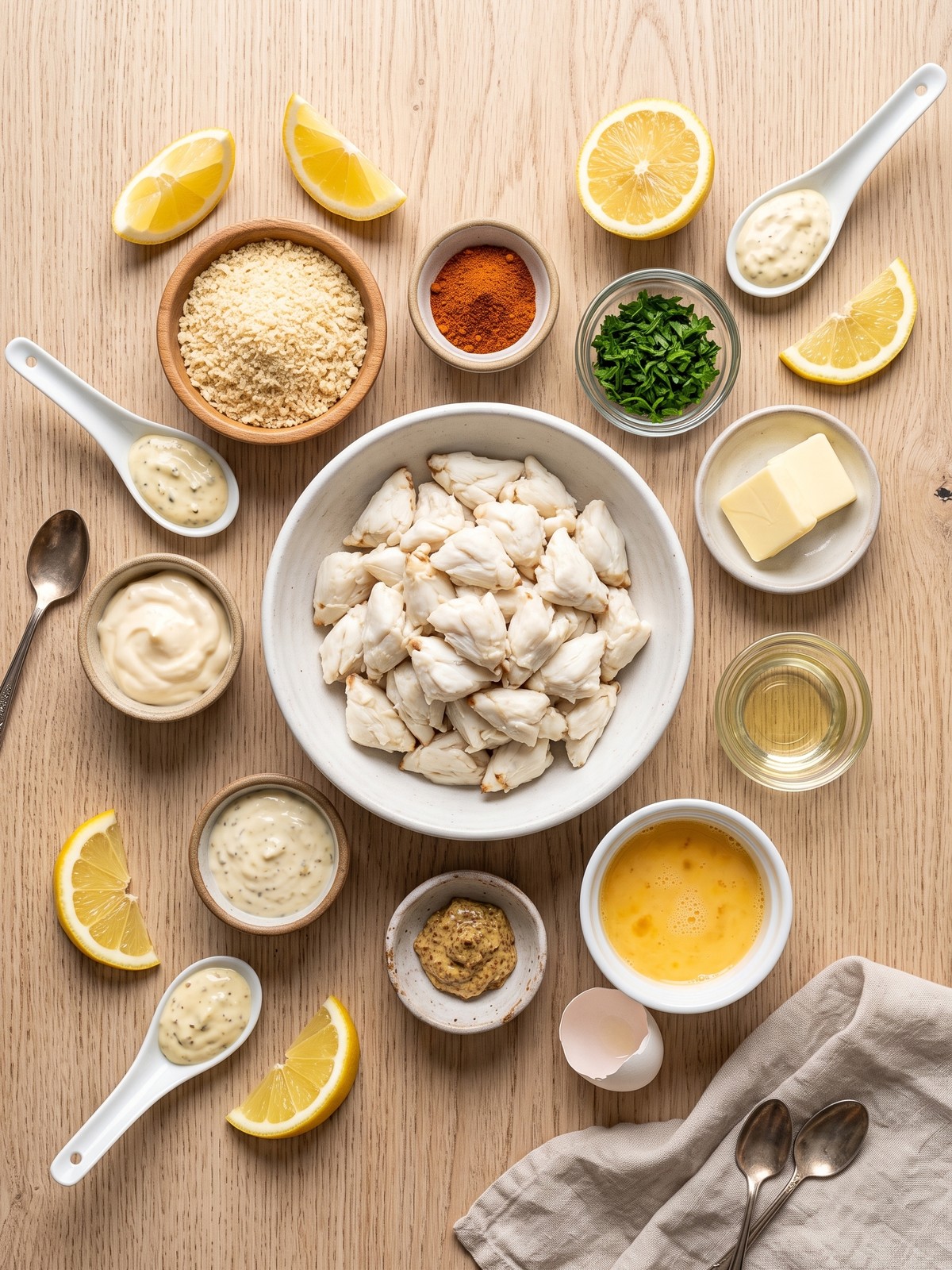Golden Old Bay Crab Cakes on a white plate with lemon wedges and tartar sauce