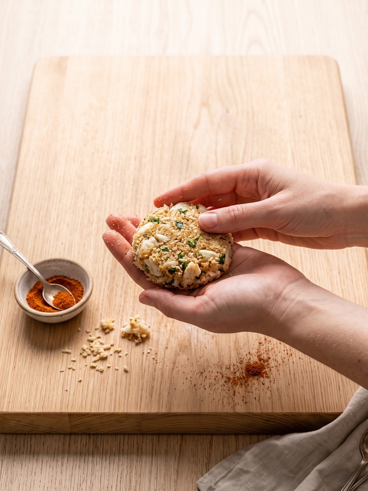 Crab cake sizzling in a skillet with butter and oil, turning golden brown