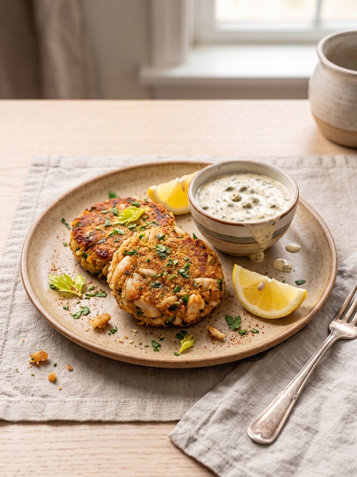Crab cake with a dollop of tartar sauce and a lemon wedge on a rustic wooden board