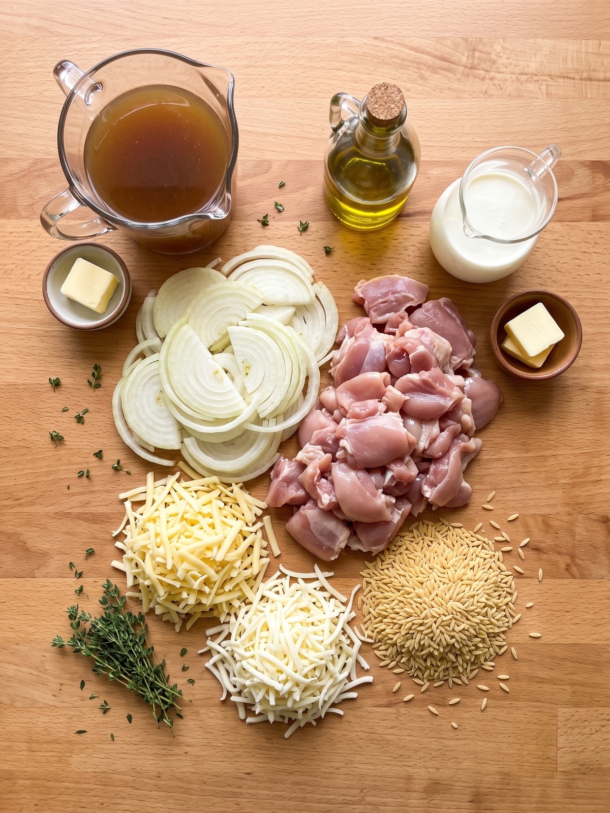 Overhead shot of a cast iron skillet filled with golden brown chicken pieces, caramelized onions, and creamy orzo, topped with bubbling Gruyère and mozzarella cheese.