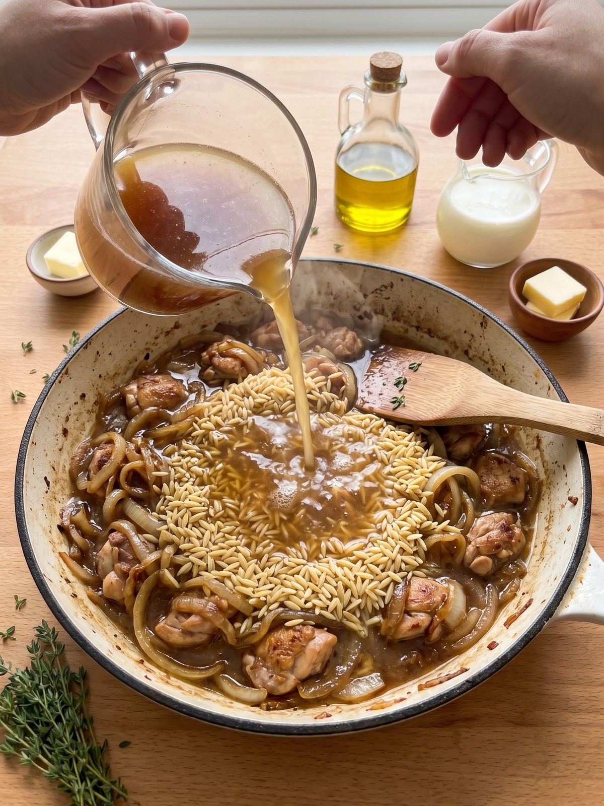 Close-up of a spoon scooping into the casserole, showing creamy orzo, tender chicken, and stretchy melted cheese.