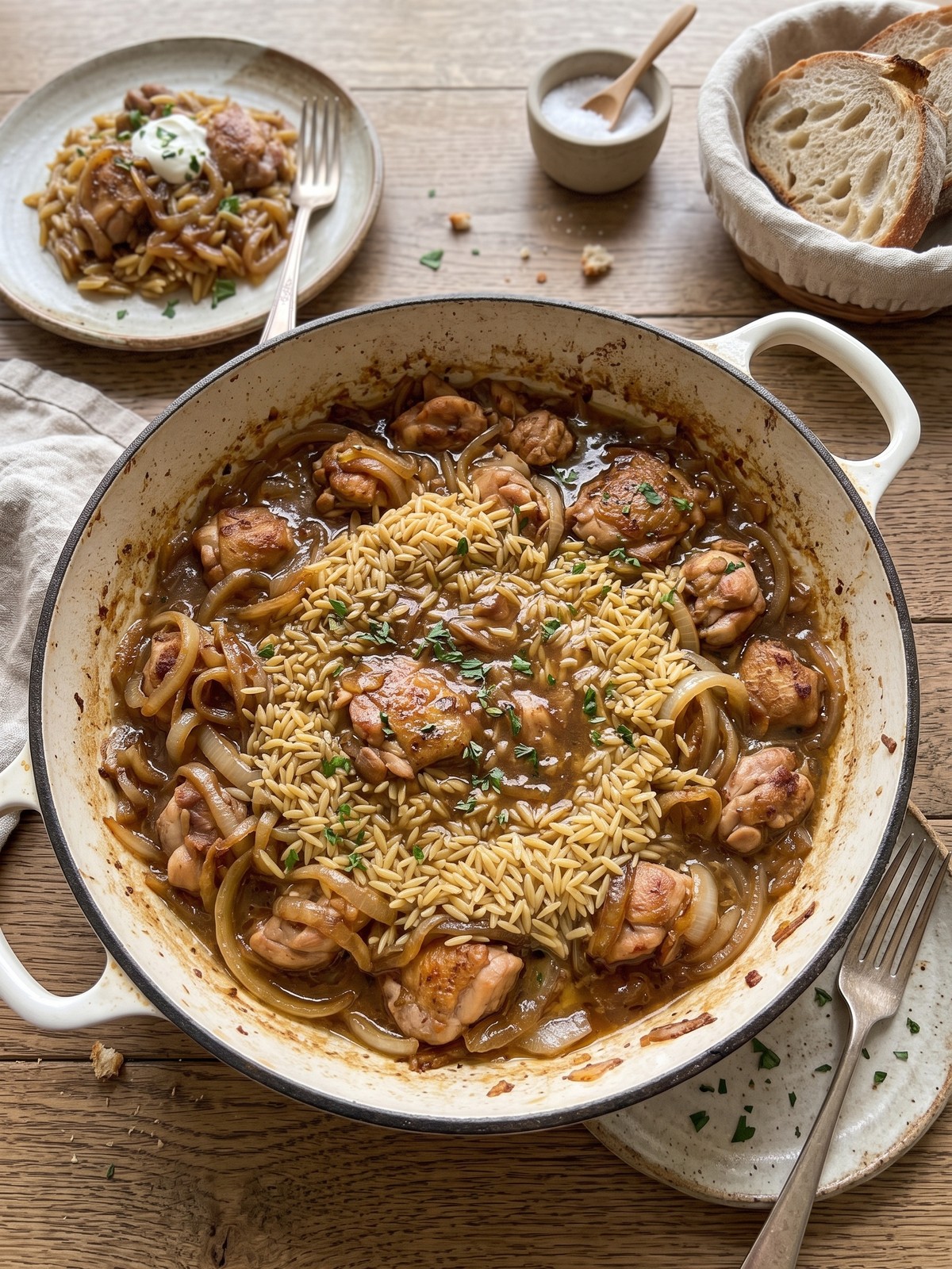 The finished casserole in a cast iron skillet on a wooden table, with a serving spoon and fresh thyme scattered nearby.