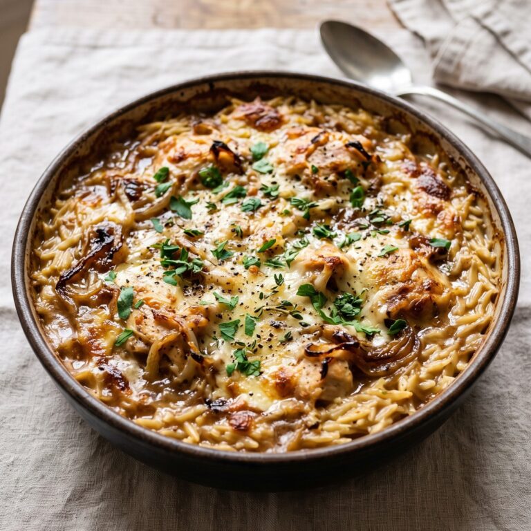 One-Pan French Onion Chicken Orzo Casserole