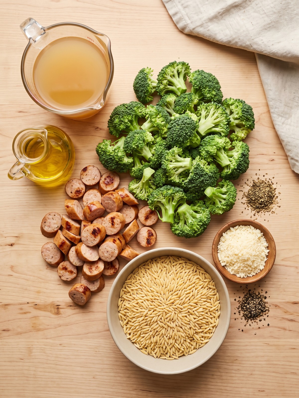 Chicken sausage, dry orzo, broccoli, broth, parmesan, herbs, and black pepper prepared for One-Pot Chicken Sausage Orzo