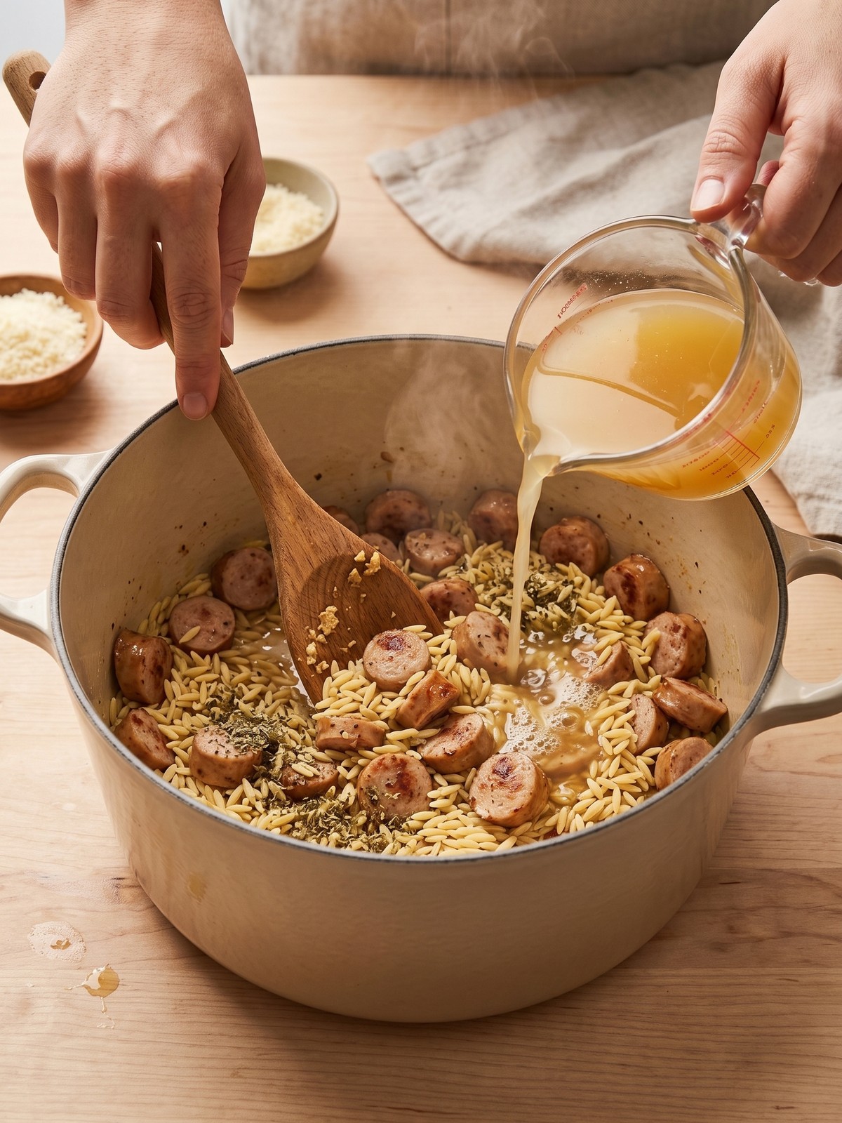 One-Pot Chicken Sausage Orzo simmering with browned sausage and bright broccoli in a deep skillet