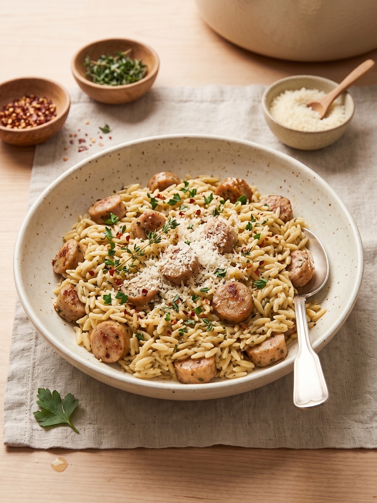 Creamy One-Pot Chicken Sausage Orzo served with broccoli, parmesan, herbs, and a spoon ready for dinner