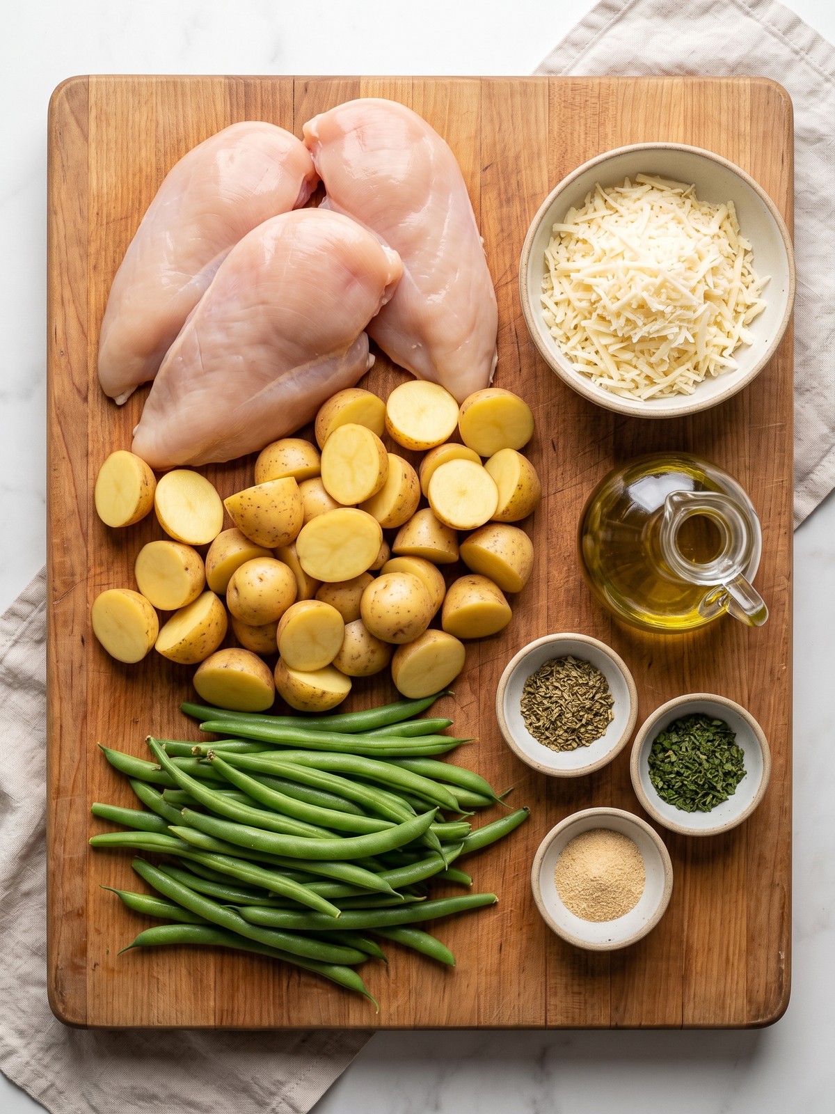 Parmesan Chicken Sheet Pan Dinner ingredients arranged with chicken, potatoes, green beans, herbs, and cheese
