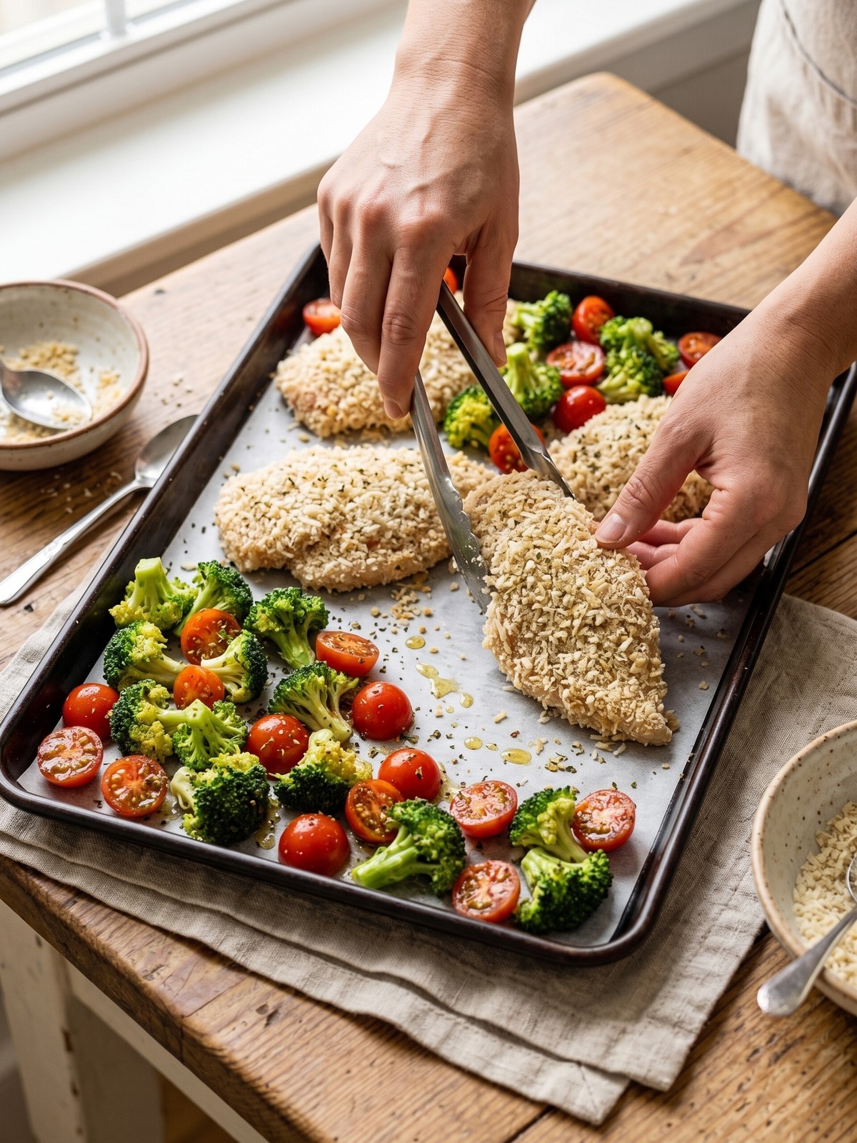 Parmesan Chicken Sheet Pan Dinner roasting on a tray with golden potatoes and green beans