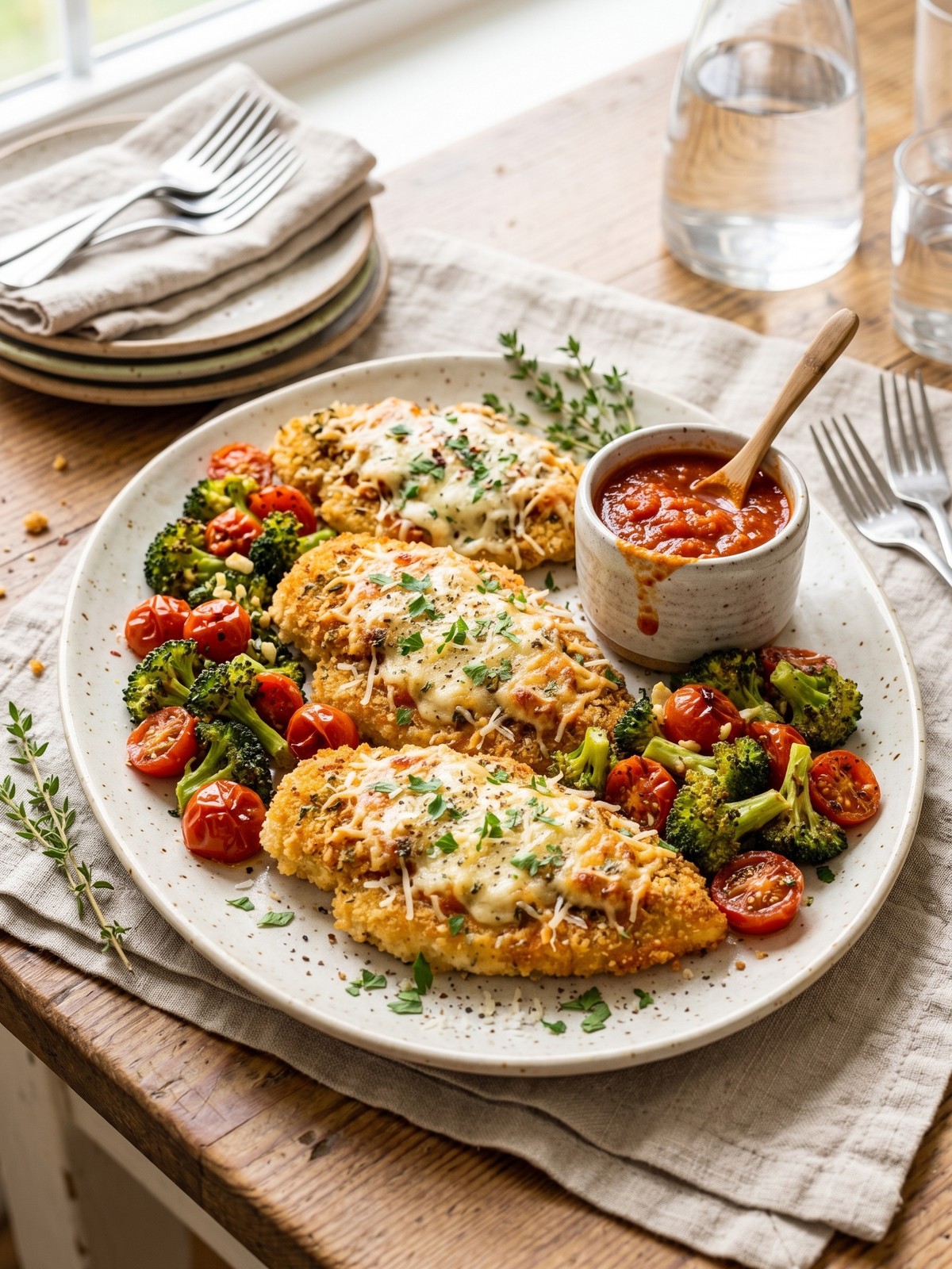 Serving ideas for Parmesan Chicken Sheet Pan Dinner with sliced chicken and roasted vegetables