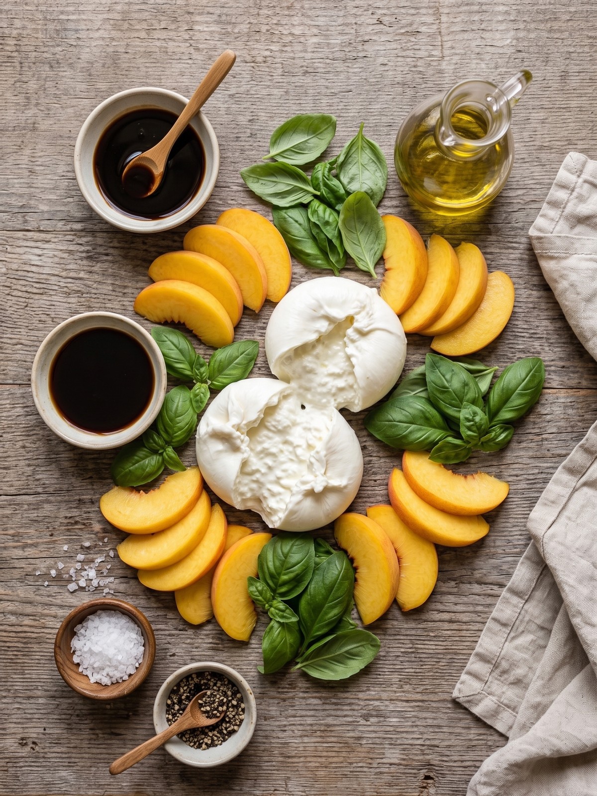 Peach Burrata Salad with sliced peaches, torn burrata, and basil on a white platter