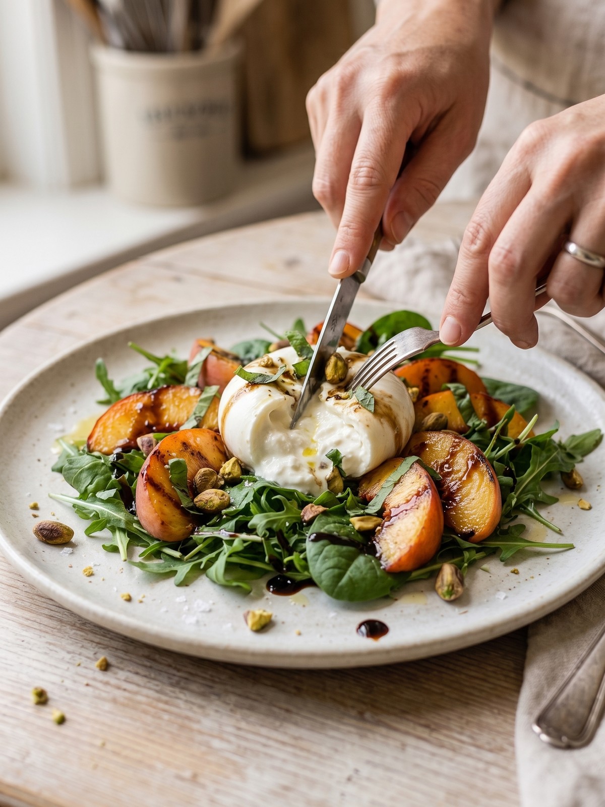 Drizzling balsamic glaze over Peach Burrata Salad on a platter