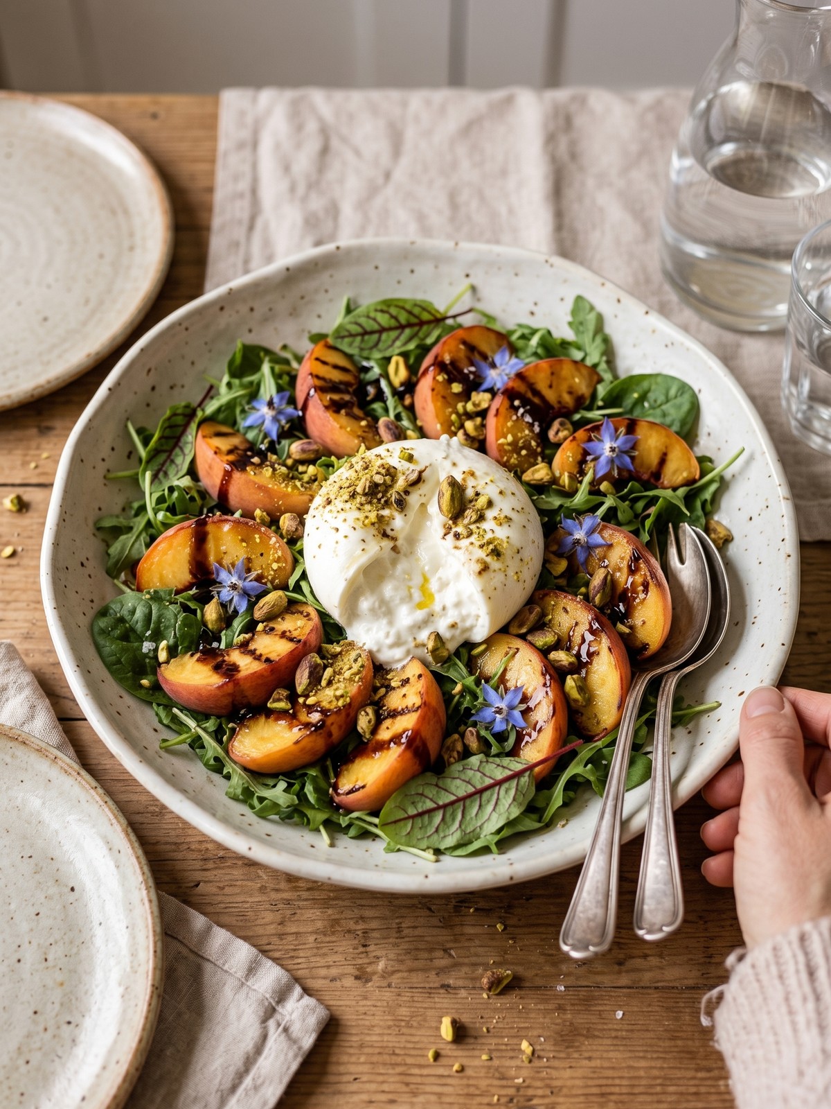 Peach Burrata Salad variation with prosciutto and toasted pine nuts