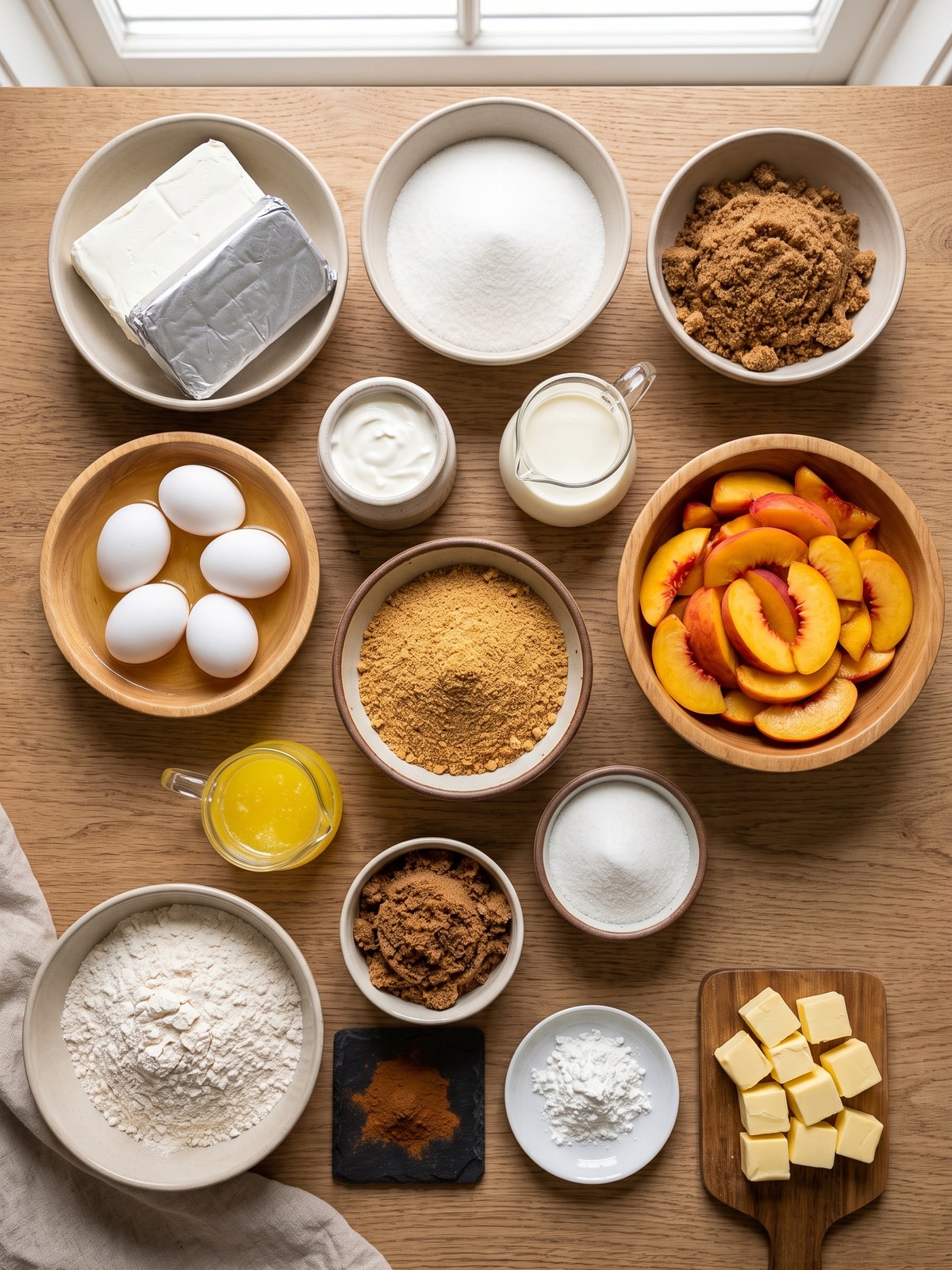 Peach Cobbler Cheesecake ingredients on a countertop with peaches, cream cheese, and graham crackers