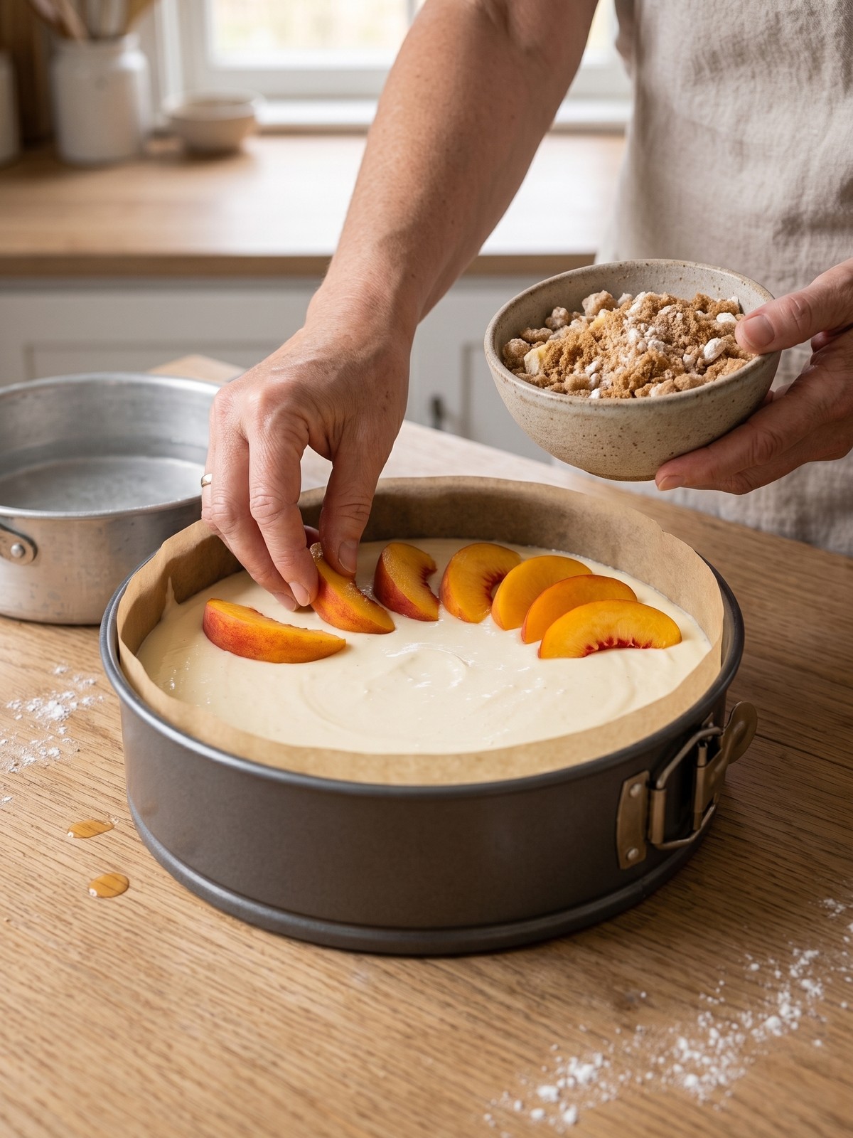 Peach Cobbler Cheesecake steps showing crust pressing, batter mixing, and peach glaze cooking