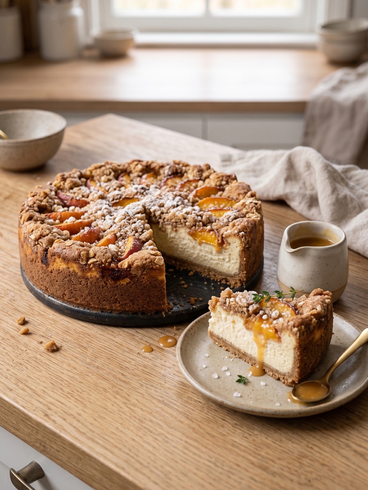 Peach Cobbler Cheesecake variations with different fruit toppings and crumble styles