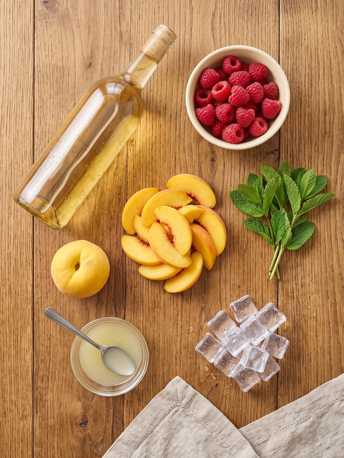 Pitcher of Peach Moscato Sangria with peach slices, raspberries, and mint on a sunny table