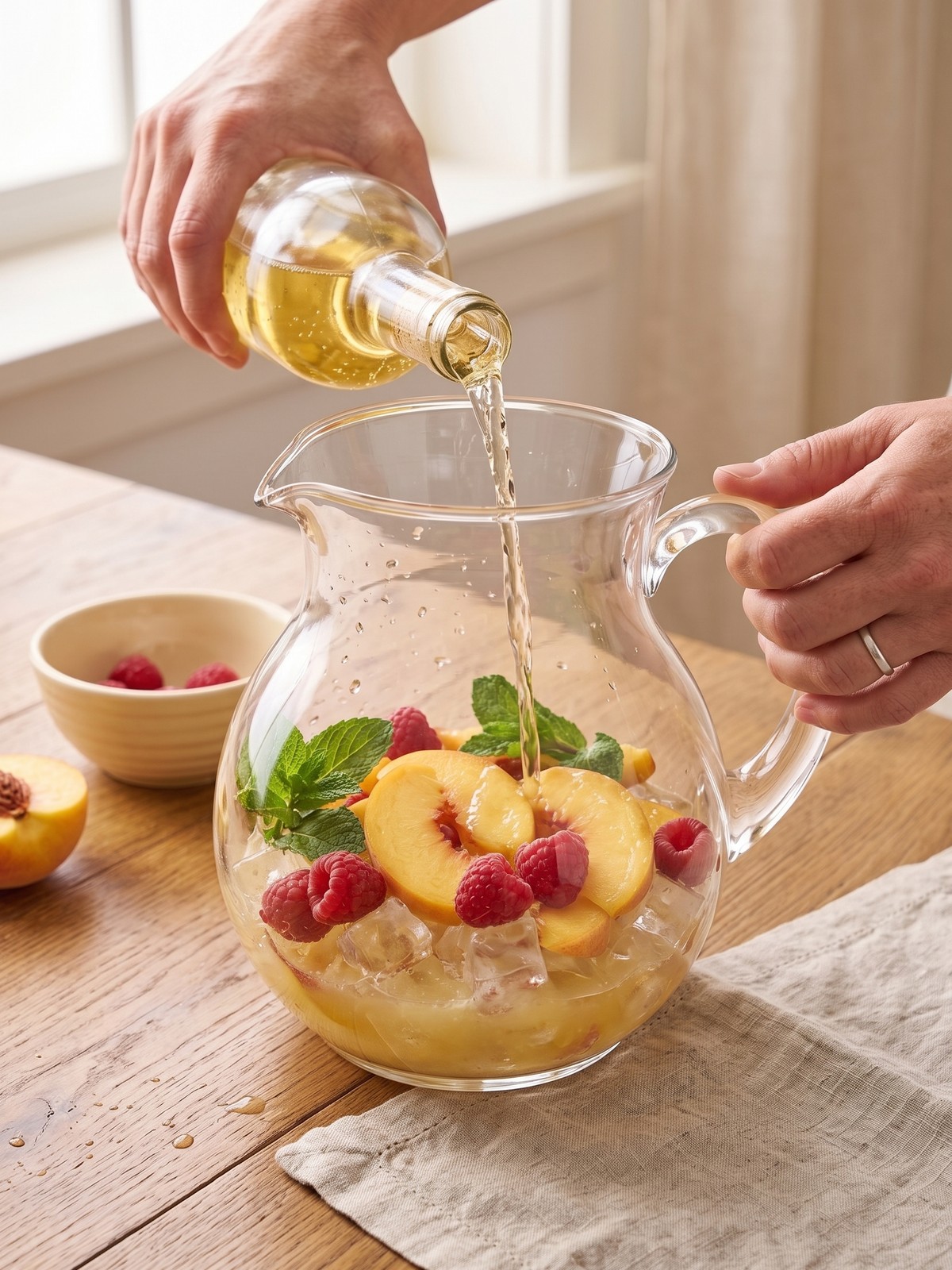 Close up of Peach Moscato Sangria being poured into a glass with fruit and ice
