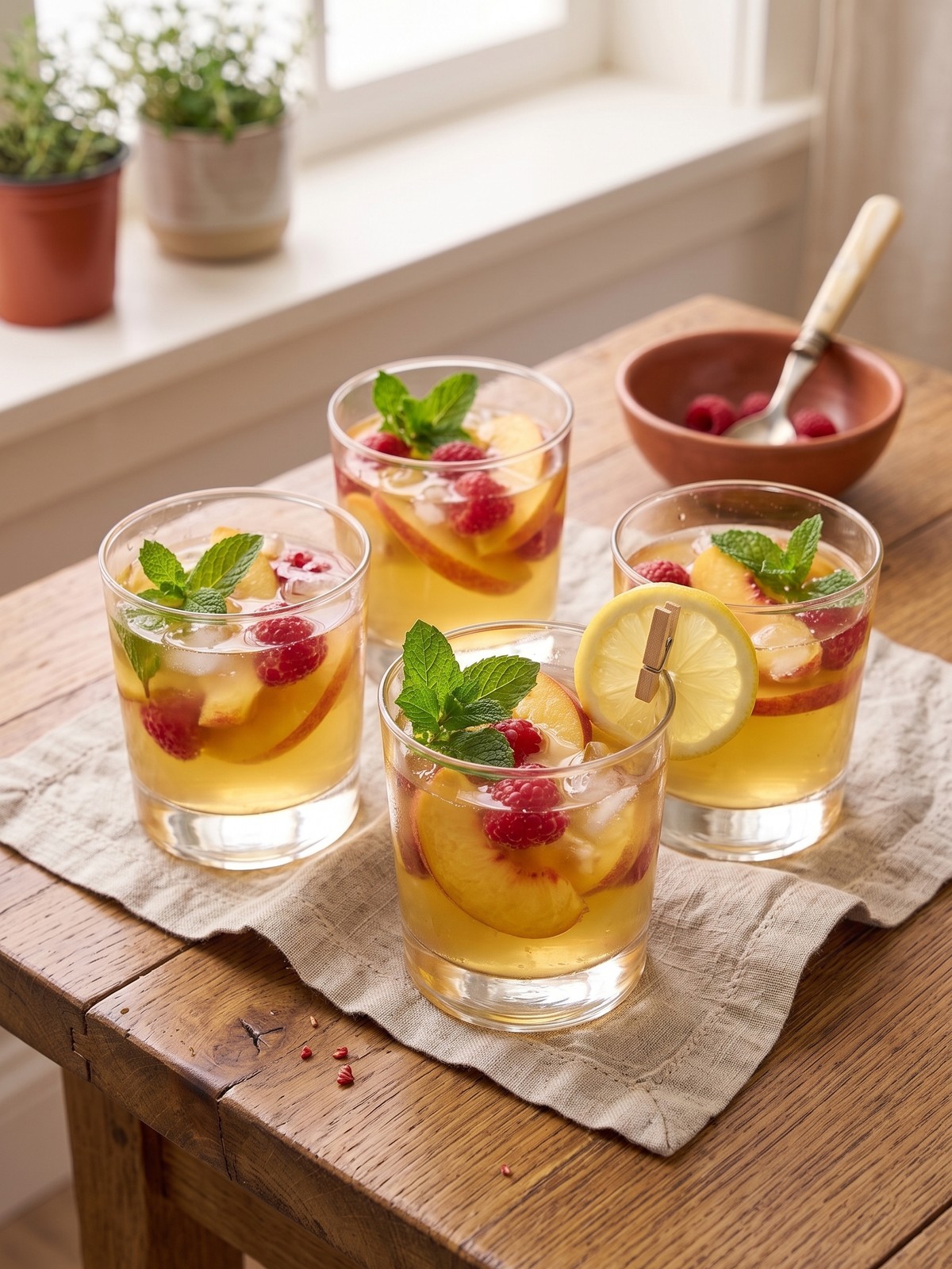 Variation of Peach Moscato Sangria with strawberries and basil in a pitcher