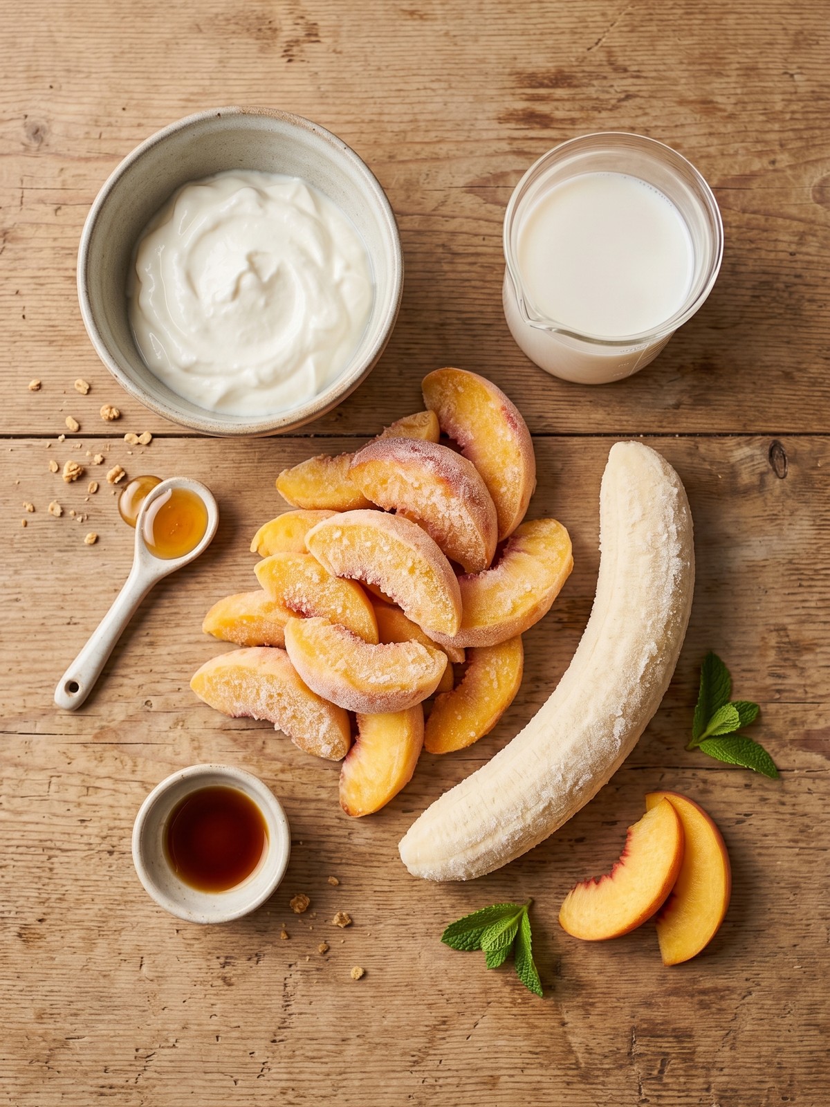 Peach Smoothie With Frozen Peaches ingredients with frozen peaches, banana, yogurt, milk, honey, and vanilla