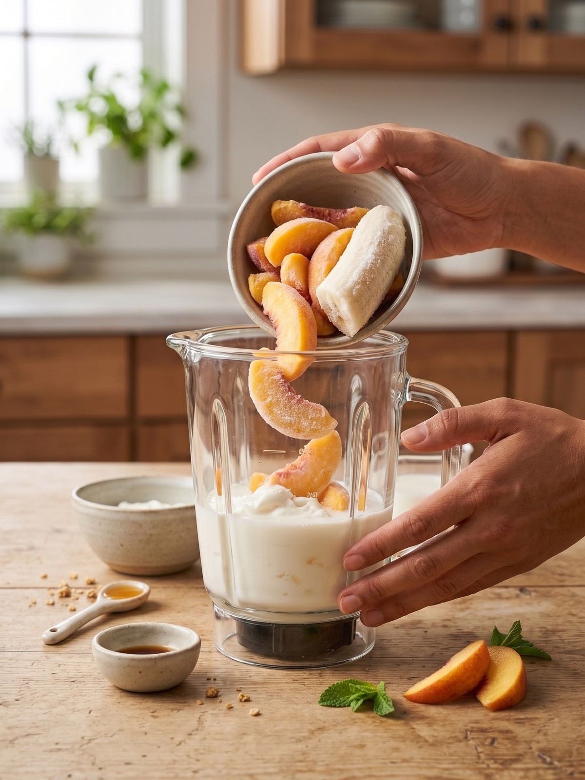 How to blend Peach Smoothie With Frozen Peaches until thick and creamy