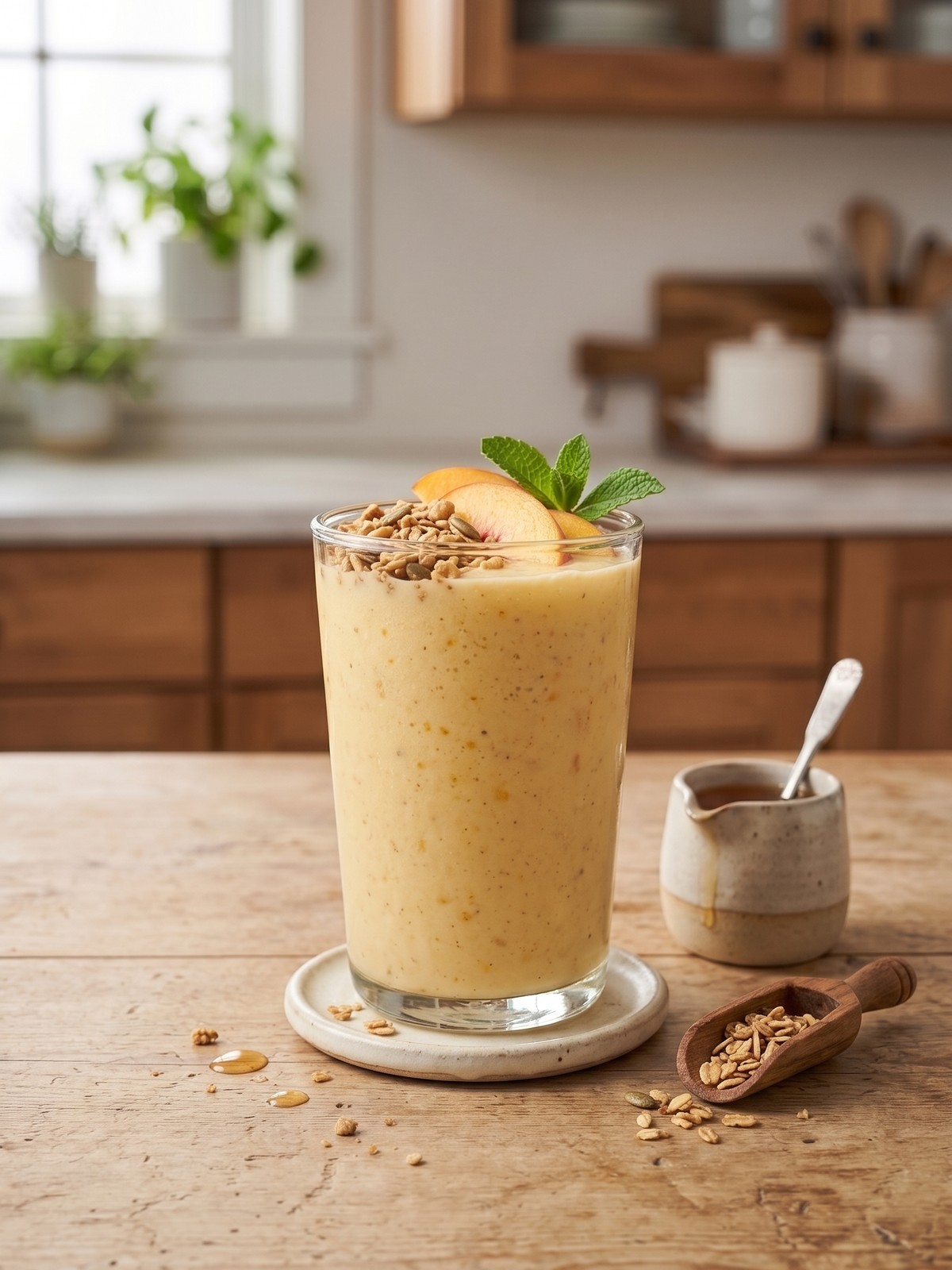 Serving and variation ideas for Peach Smoothie With Frozen Peaches with fresh peach and mint