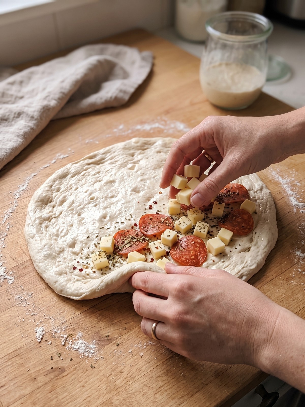 Pepperoni Pizza Sourdough fresh from the oven with a golden crust and visible cheese and pepperoni