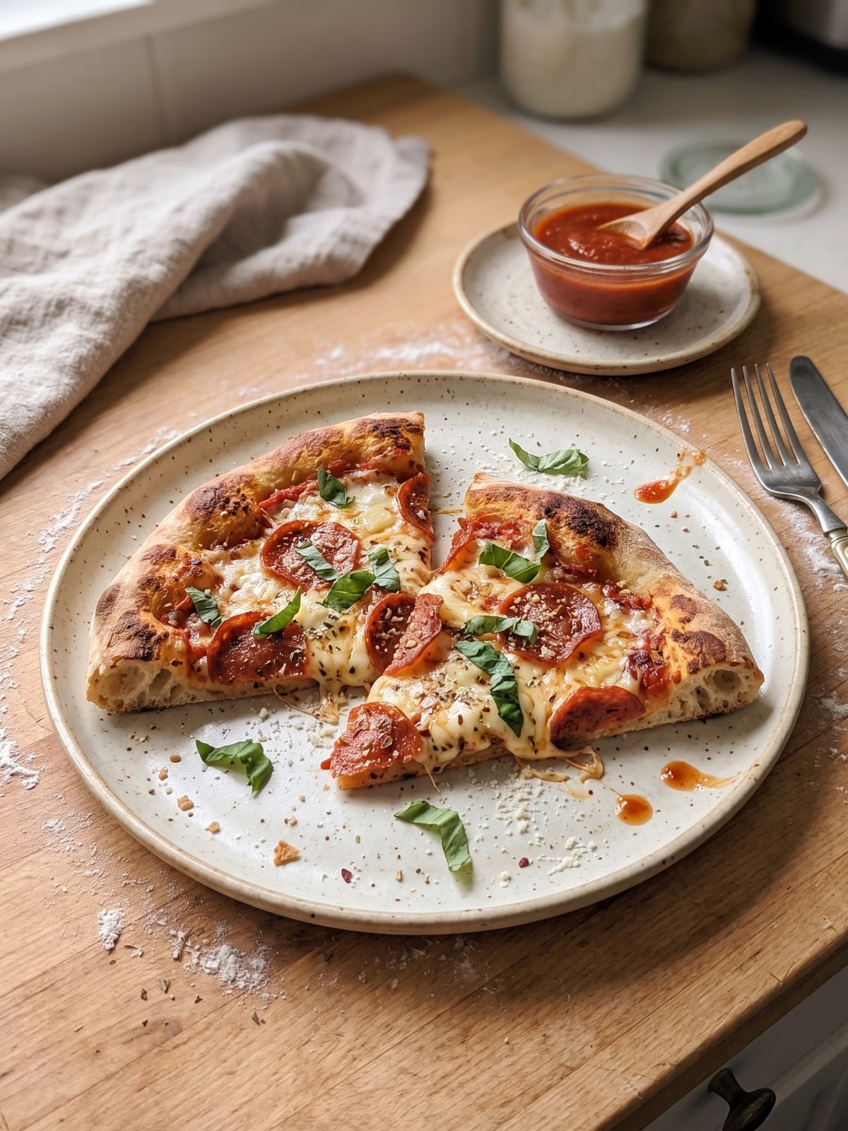 Sliced Pepperoni Pizza Sourdough showing cheesy, pepperoni-studded crumb on a wooden board