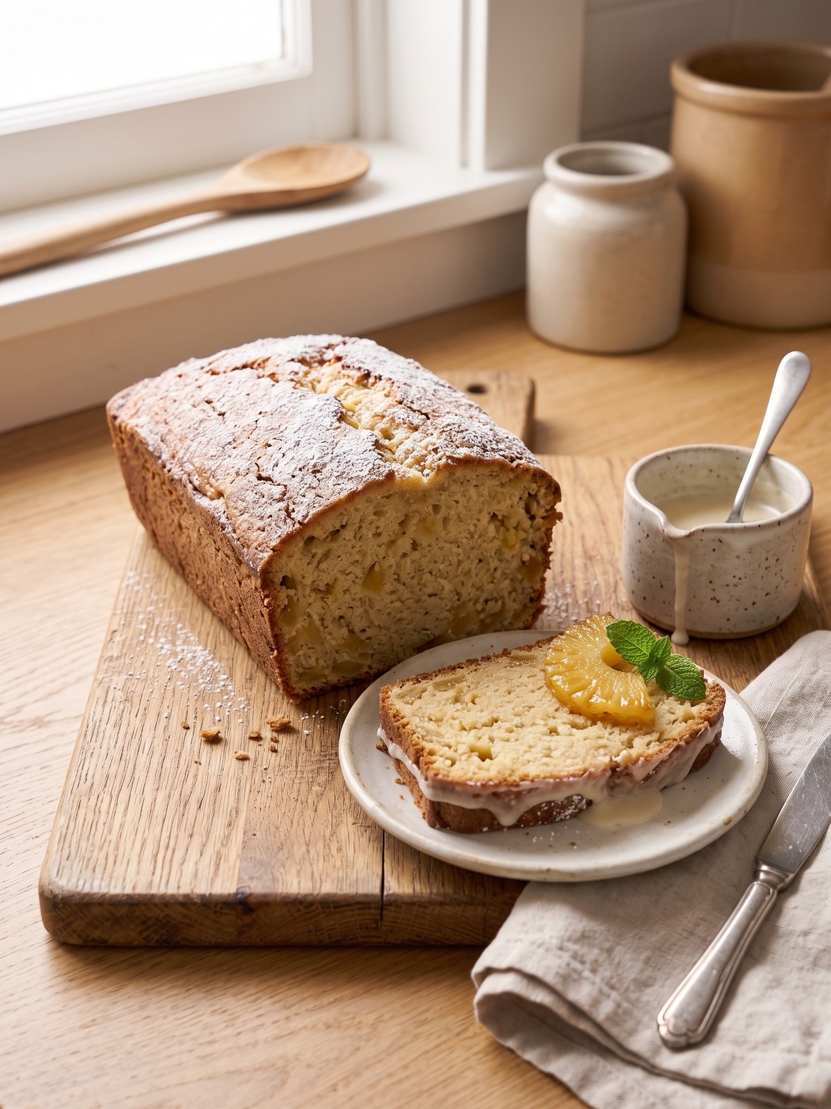 Close-up of a slice of pineapple bread with a fork, showing the caramelized pineapple ring and cherry on top