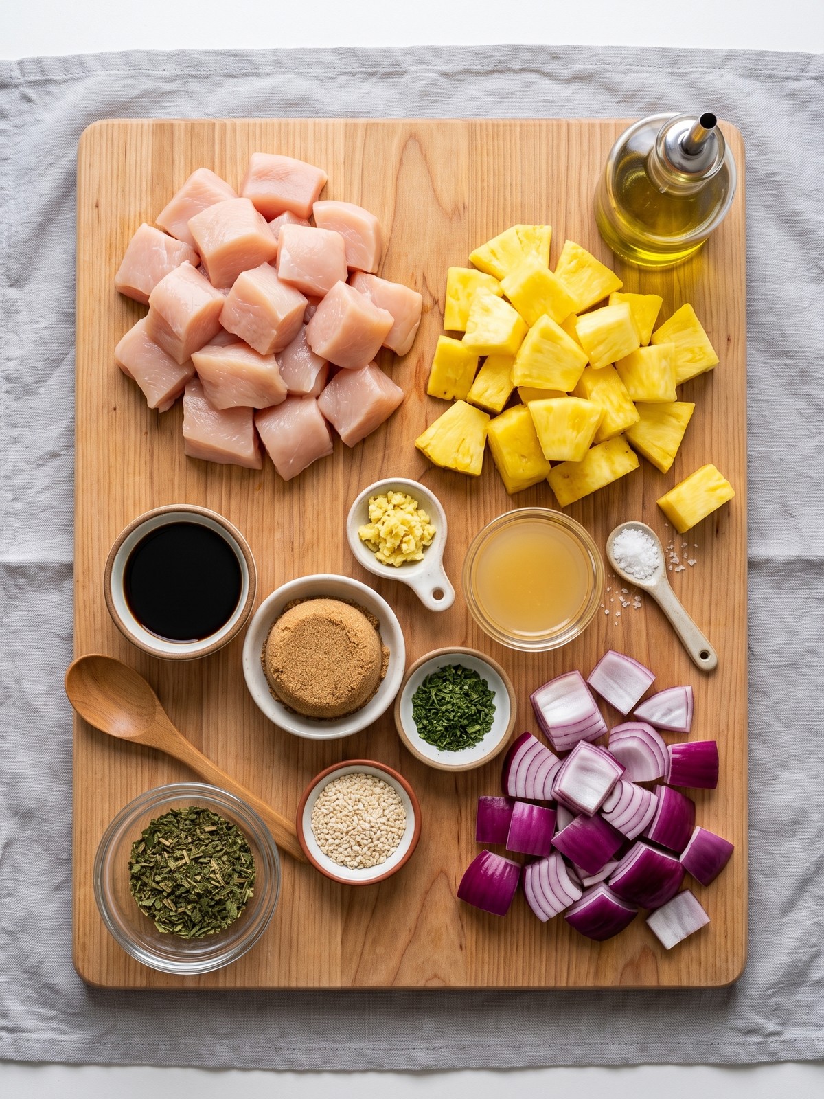 Pineapple Chicken Kabobs ingredients with chicken, pineapple, red onion, and amber glaze