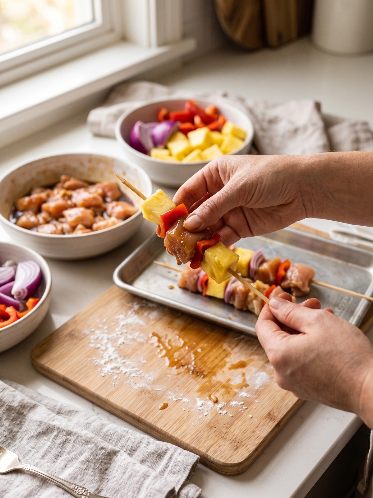 How to make Pineapple Chicken Kabobs on skewers over a hot grill