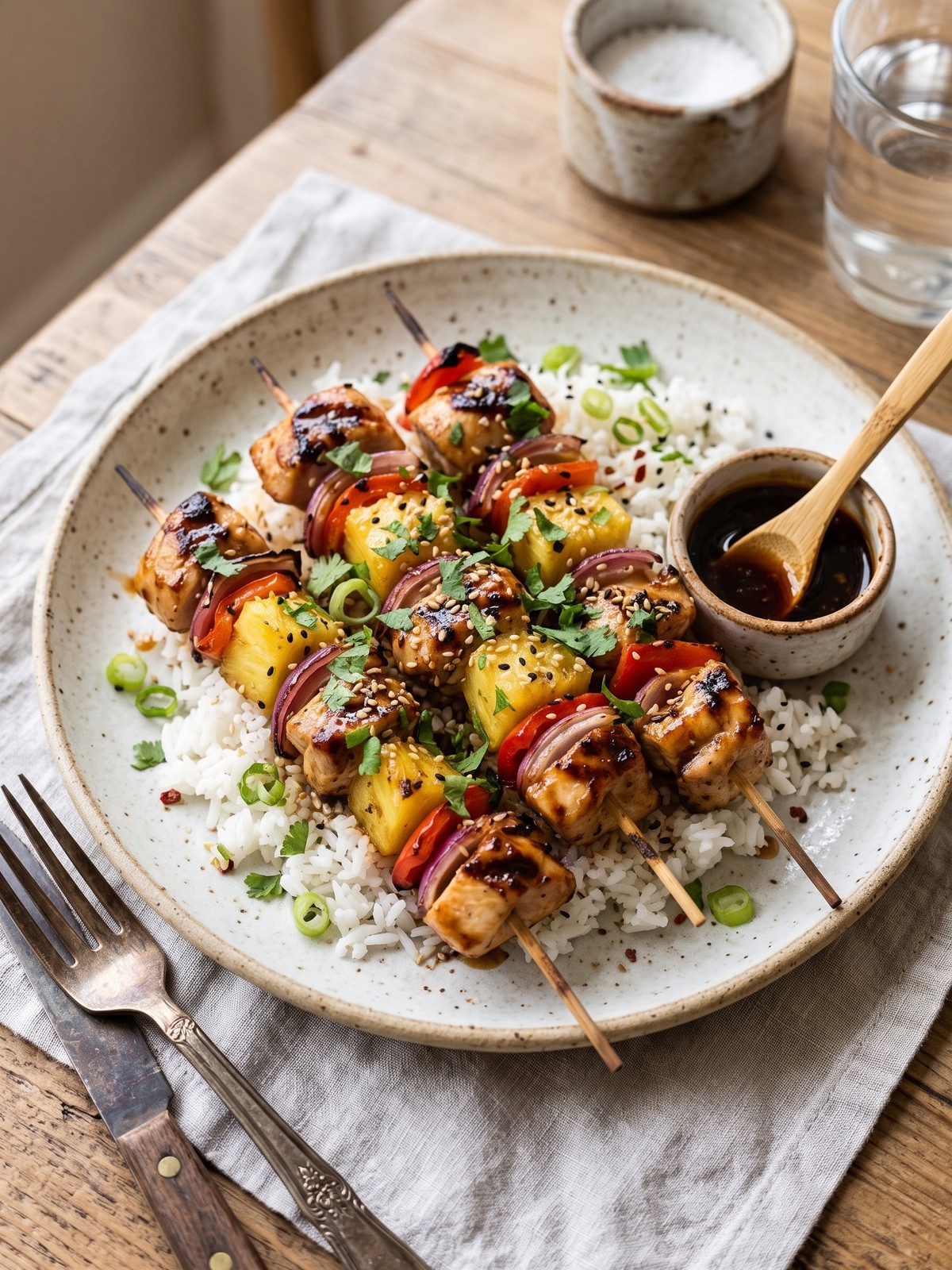 Serving and variation ideas for Pineapple Chicken Kabobs with rice and fresh sides