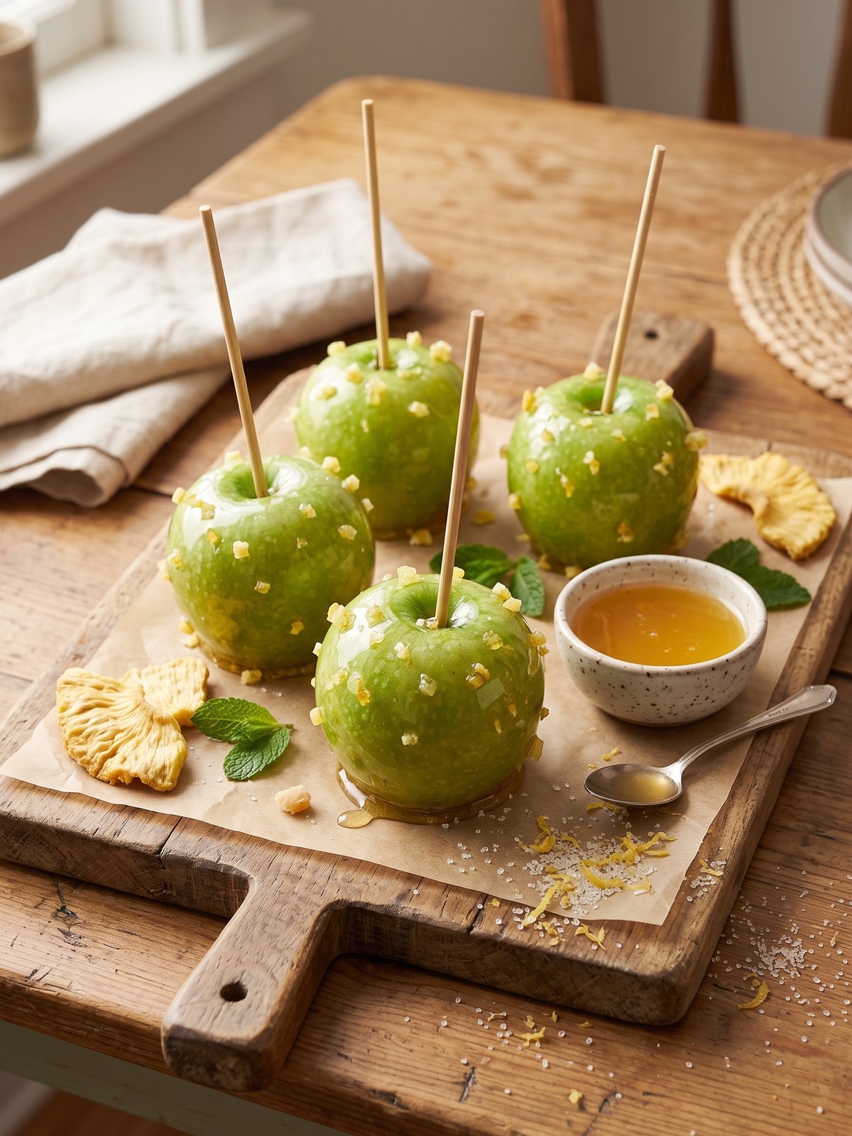 Close up of Pineapple Lemonade Candy Apples with chopped pineapple and candied lemon peel toppings