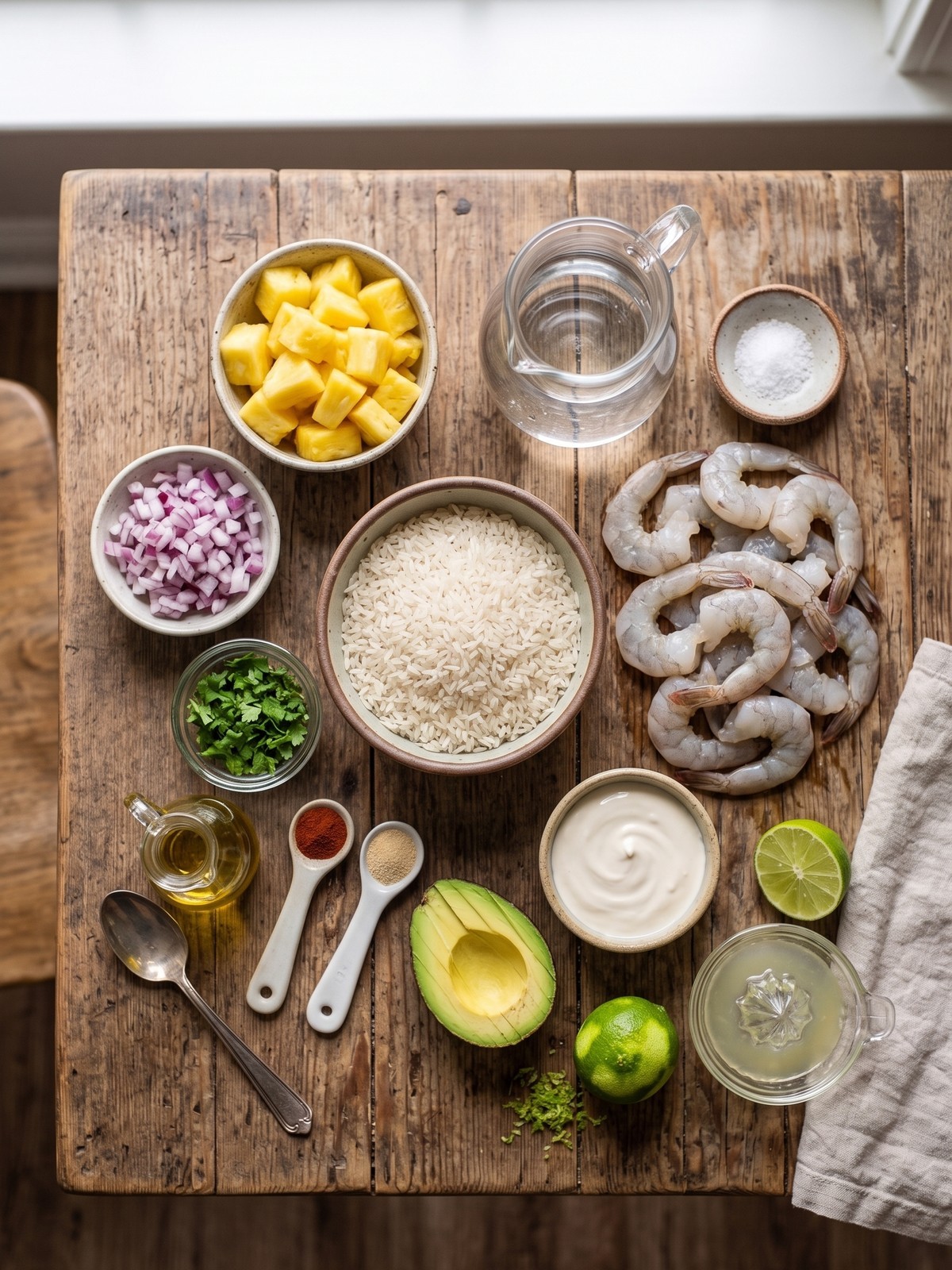 Overhead view of a white bowl filled with fluffy jasmine rice, topped with spiced shrimp, fresh pineapple salsa, sliced avocado, and a drizzle of lime crema.