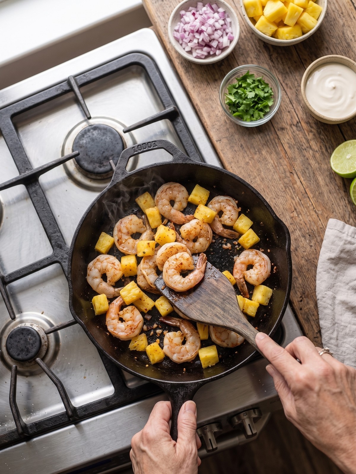Close-up of a skillet with shrimp cooking, showing golden sear marks and pink curled tails, with a wooden spatula turning one piece.